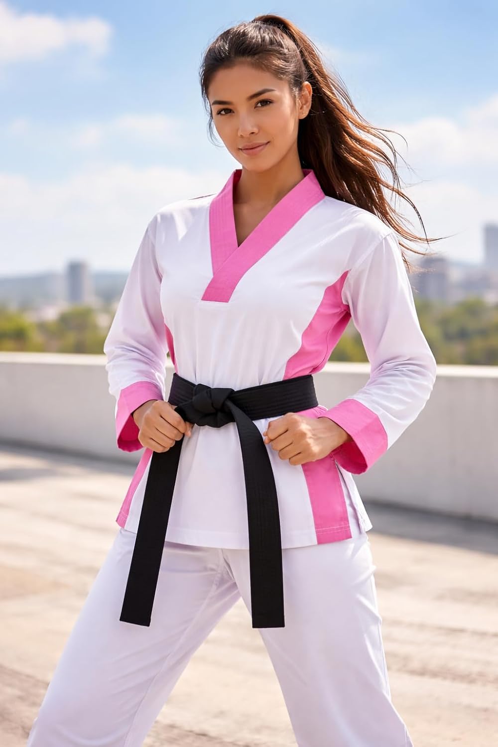 Women's Martial Arts Training Uniform, White/Pink, Polyester/Spandex, Athletic, Active Wear, BJJ, Karate, Taekwondo