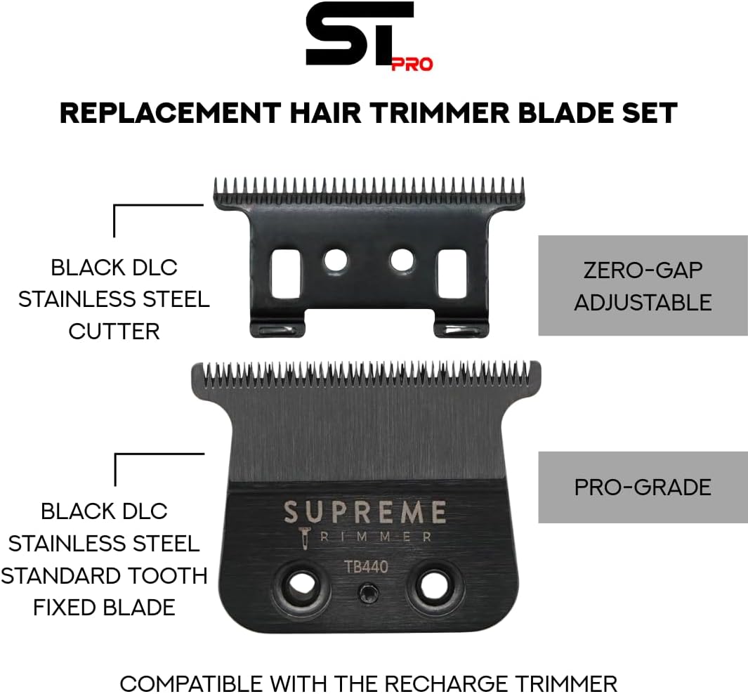 Supreme Trimmer Replacement Standard Tooth T-Blade TB440 | 0 Gap Adjustable, DLC Coated Stainless Steel Trimmer Blade for Recharge ST777