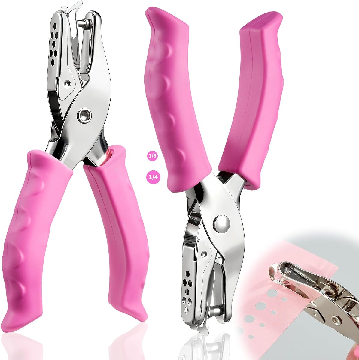 2 Pcs Single Hole Punch, 1/4" and 1/8" Hole Puncher with Pink Soft Grip | Mini Hole Punchers for Home, Office, Classroom, Handheld Small Circle Paper Punch for Crafts, Gift Tags, Tickets, Scrapbooks