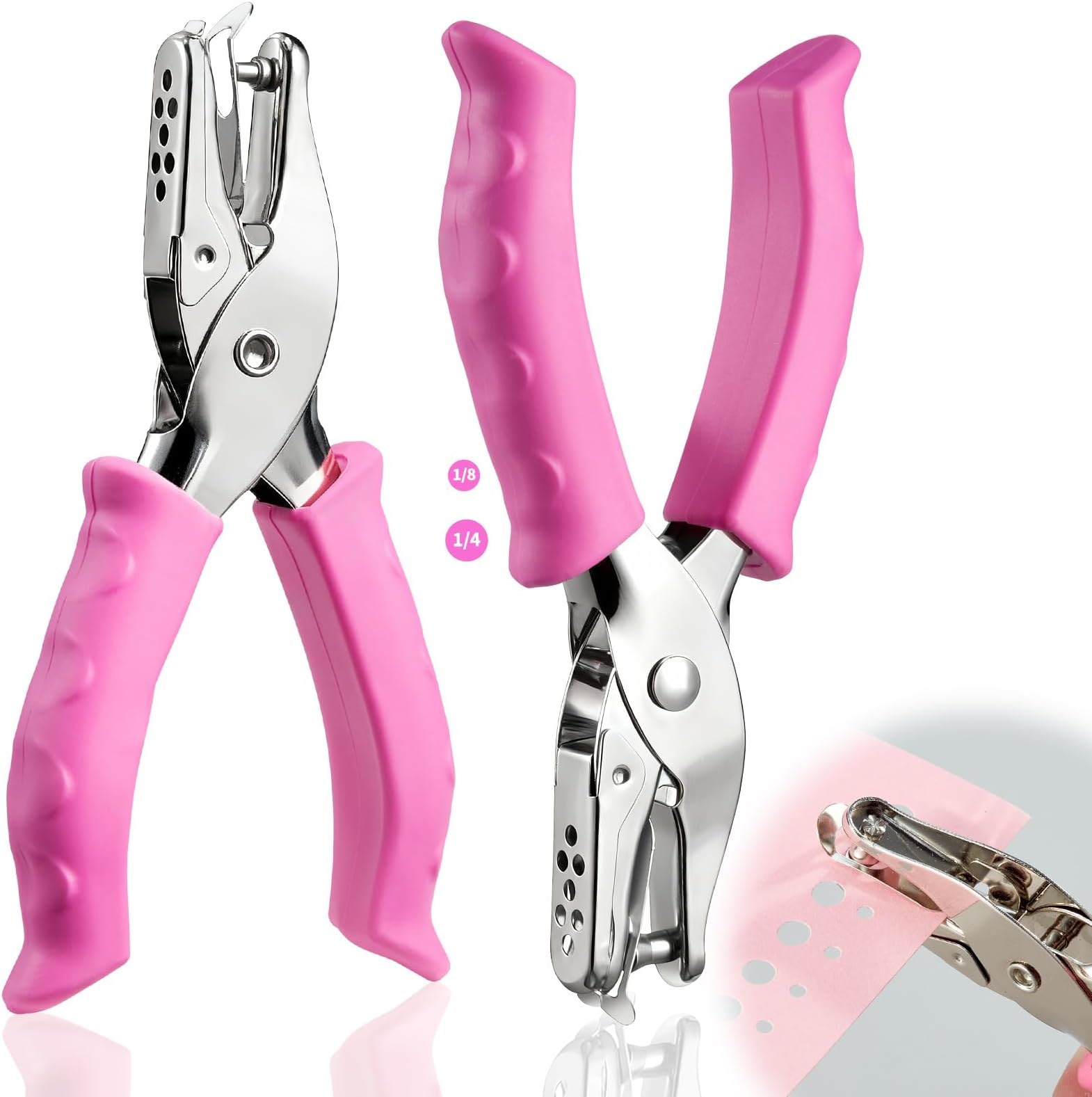 2 Pcs Single Hole Punch, 1/4" and 1/8" Hole Puncher Single with Soft Pink Grip for Home, Office, Classroom, Handheld Small Circle Paper Punch for Crafts, Gift Tags, Tickets, Scrapbooks