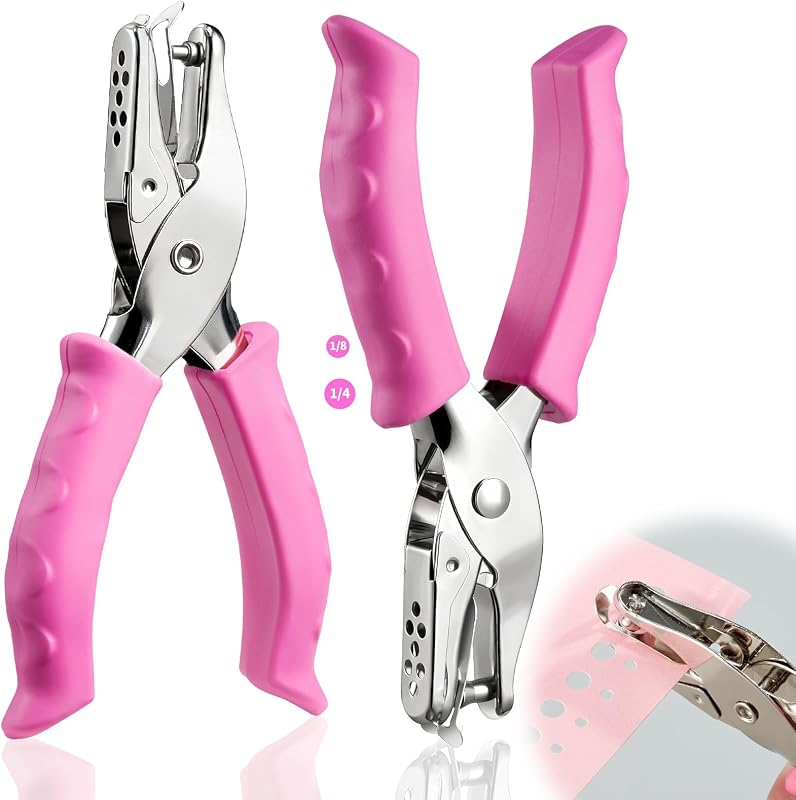 2 Pcs Single Hole Punch, 1/4" and 1/8" Hole Puncher with Pink Soft Grip | Mini Hole Punchers for Home, Office, Classroom, Handheld Small Circle Paper Punch for Crafts, Gift Tags, Tickets, Scrapbooks