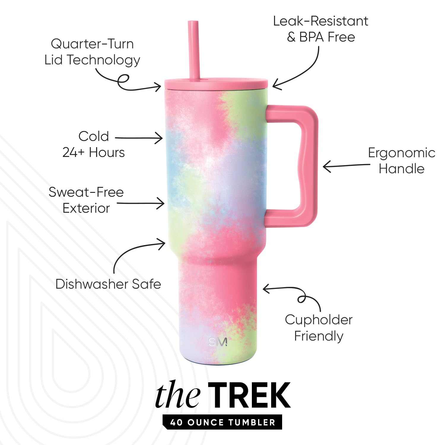 Simple Modern 40 oz Trek Tumbler with Handle and Straw Lid | Cup Holder Friendly Insulated Stainless Steel Travel Mug | 80s Mix