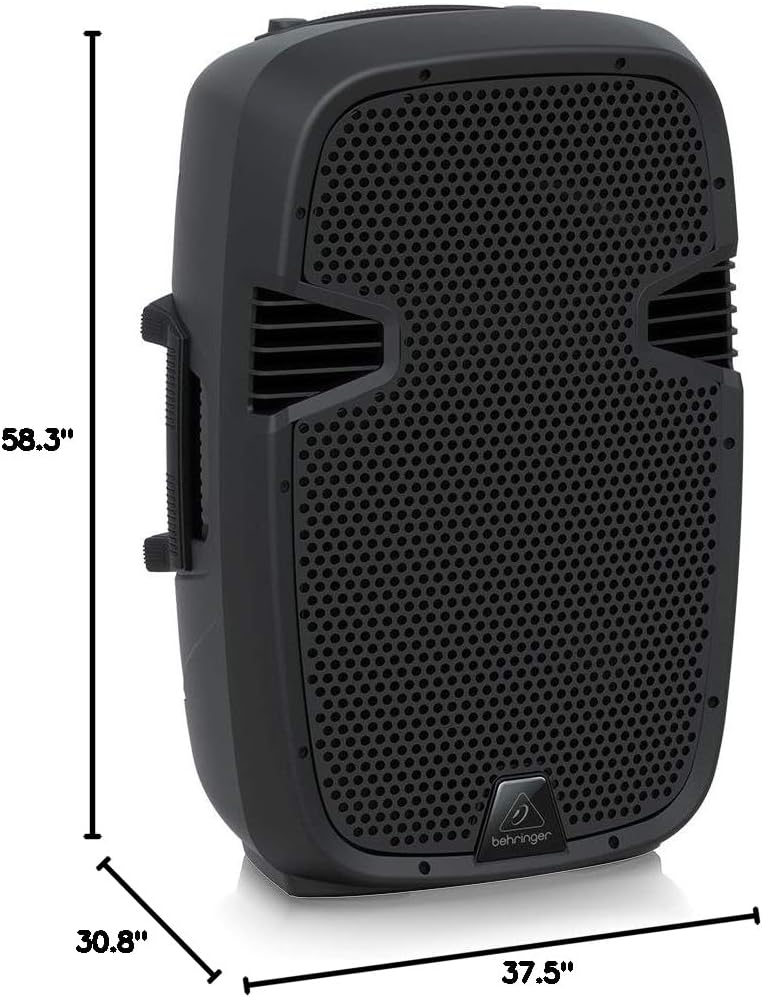 Diagram showing the dimensions of the Behringer PK112 PA Speaker: 58.3 inches height, 37.5 inches width, and 30.8 inches depth.