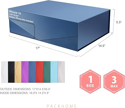 PACKHOME 16.3x14.2x5 Inches, 4 Extra Large Gift Boxes with Lids, Gift Boxes for Clothes and Large Gifts (Glossy Metallic Blue)