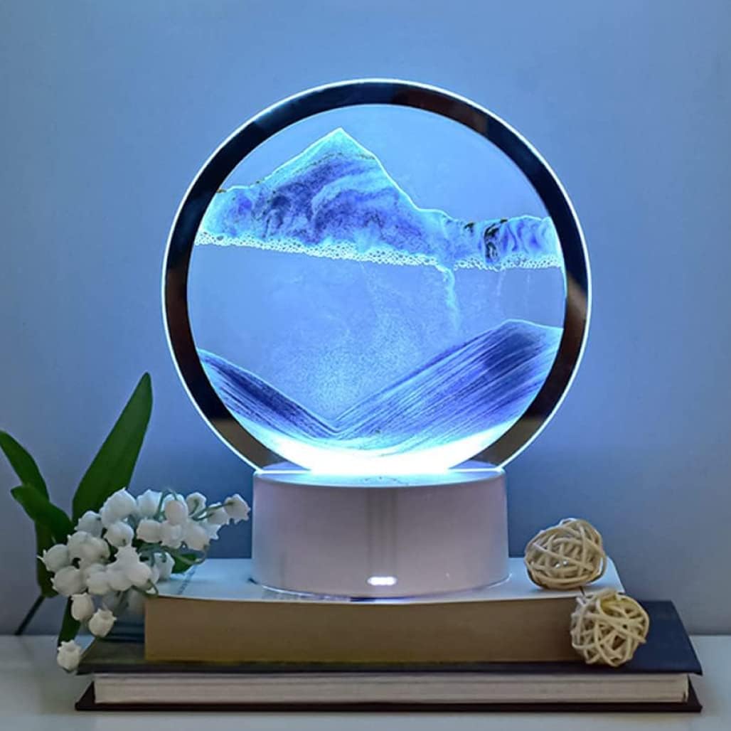 Goodern Moving Art Decor Lamp - Eid Mubarak Sand Painting Desk Lamp With LED Light, Round Glass Kinetic Sandscapes, 3D Deep Sea in Motion Display - Blue Flowing Decor for Home Office