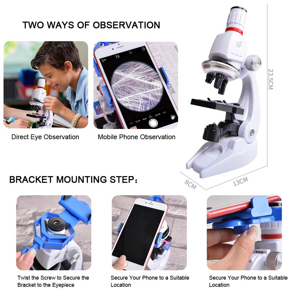 Microscopio Bambino, 100 x 400 x 1200 x Ingrandimento Scientifico Bambino Supporto Del Telefono Scatola di Plastica Microscopio Set per Bambini Studenti per l'Educazione Precoce