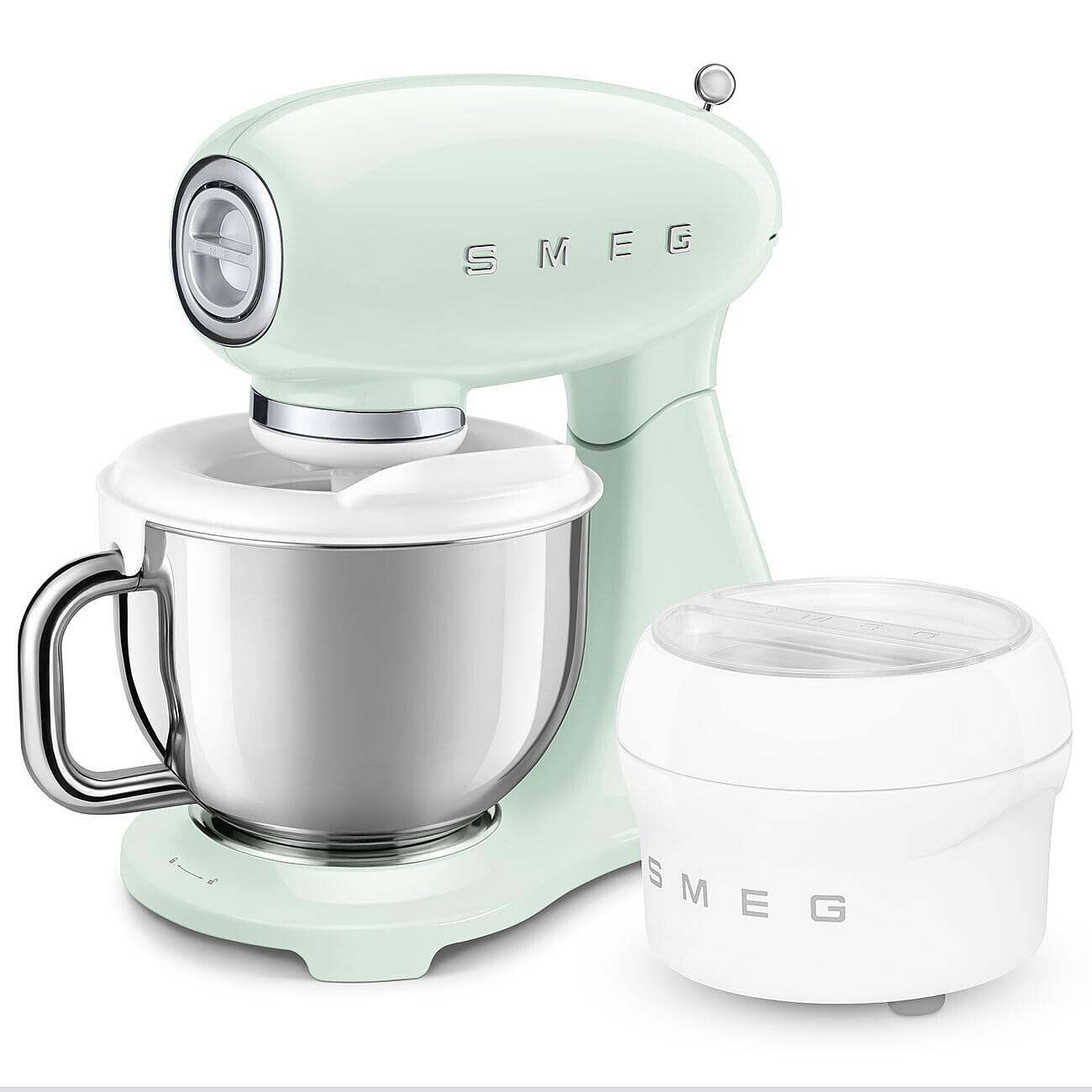 Smeg, Full Color SMF0PGREU Planetenkneter, 10 Geschwindigkeitsstufen, Smooth Start und Steady Mix Funktion, 4,8 L Schüssel, Motorblock, 3 Schneebesen und Knethaken, 800 W, pastellgrün