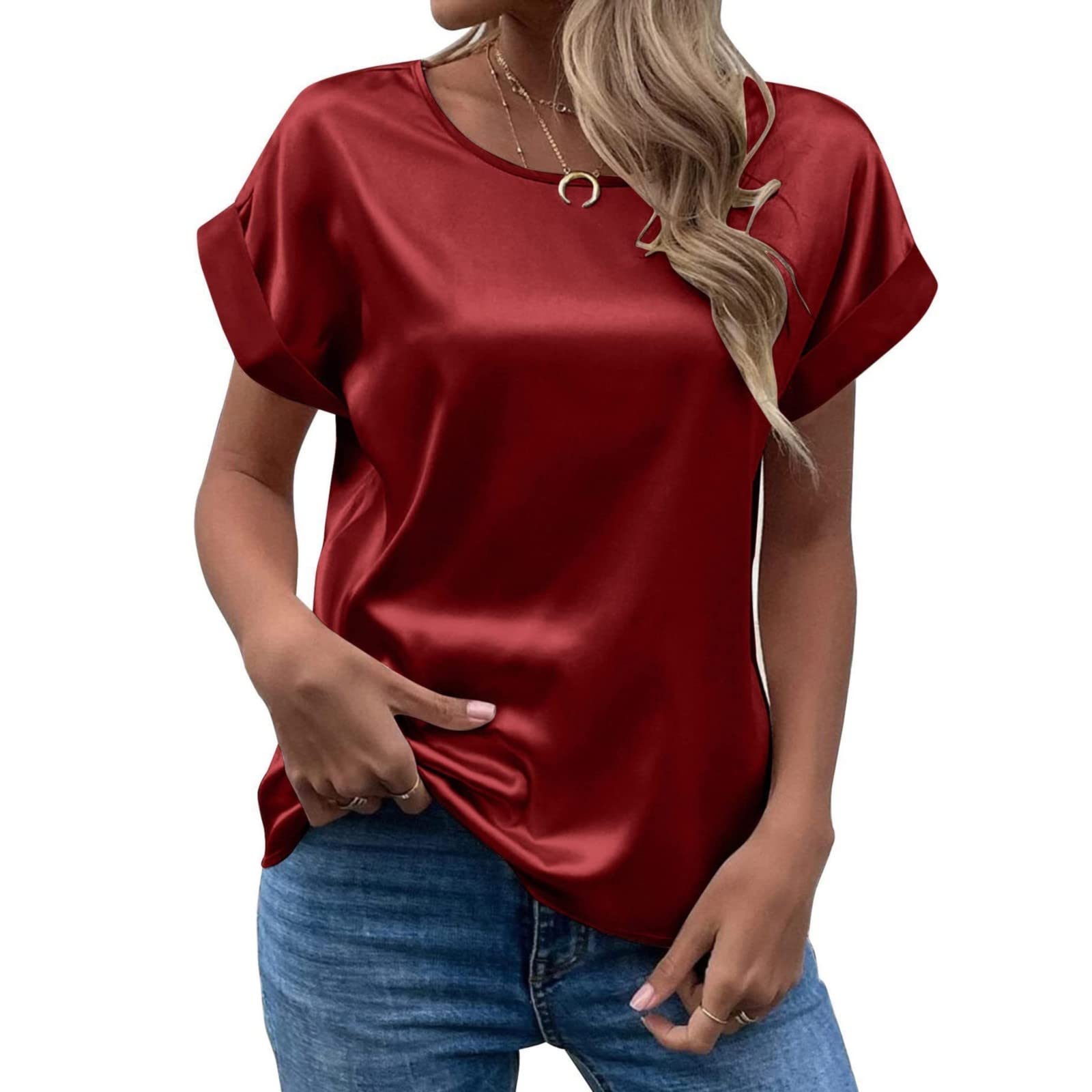 Women's Short Sleeve Satin Blouses Casual Loose Crewneck Silk Shirts Roll Up Sleeve Tunic Tops S-XXL(RD2,X-Large)