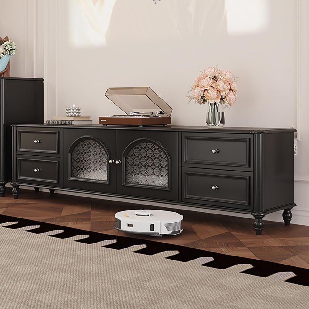 Mobile TV 200cm Console Legno Massello Vintage, Hub Intrattenimento Nero Rustico, Mobile Deposito per Alberghi & Agriturismi Console multimediale