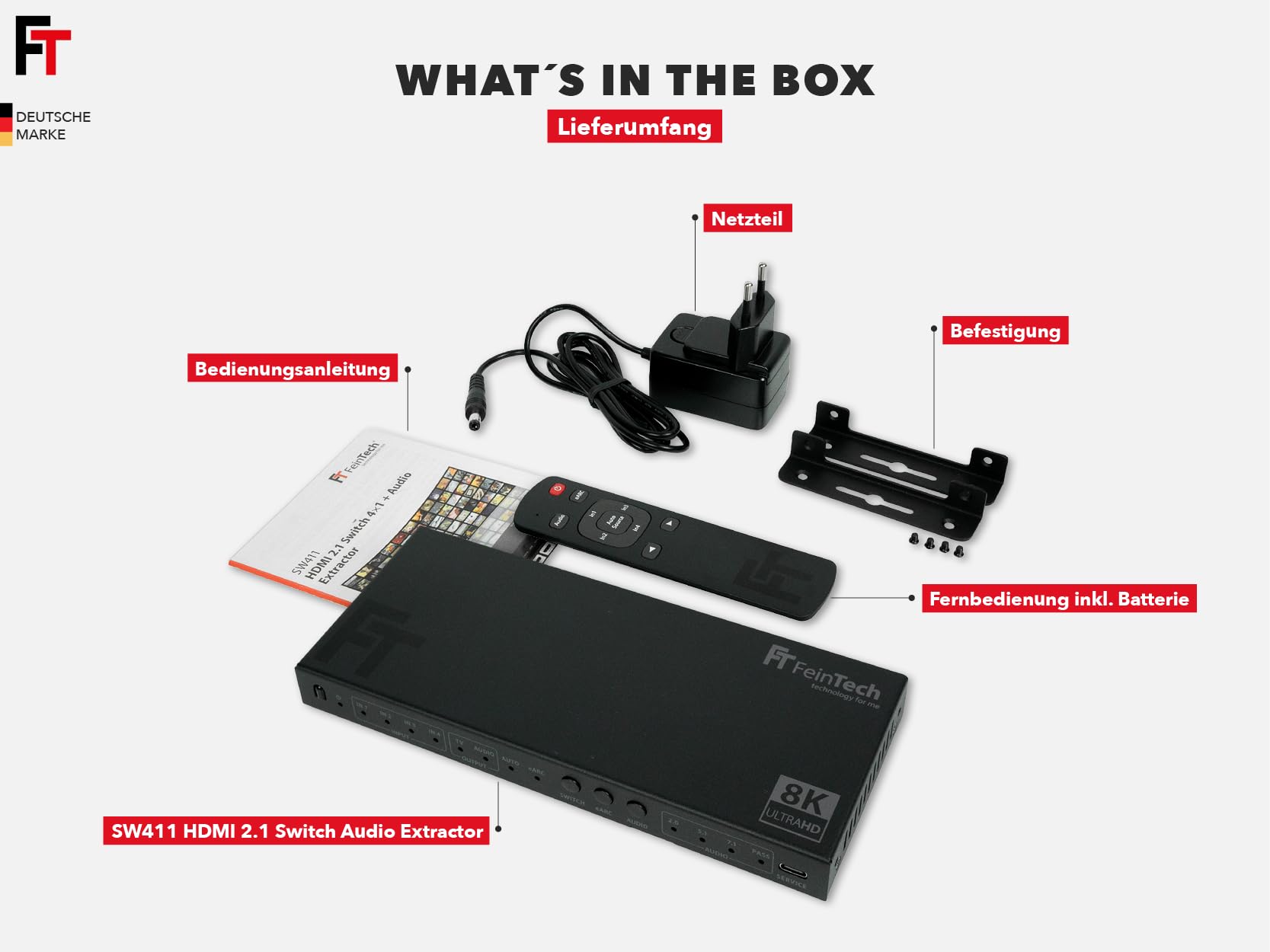 FeinTech SW411 Commutateur HDMI 2.1 4 en 1 avec extracteur audio pour systèmes audio avec entrée HDMI, Toslink et AUX, prend en charge 4 K 120 Hz et 8 K