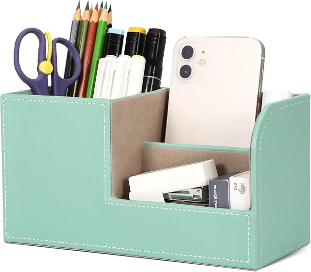 GORESE Office Desk Organiser Pen Holder Desk PU Leather Office Pencil Holder Organiser Pen Box Pen Holder Desktop Desk Accessories Office Supplies Organisation Decor (Mint Green)