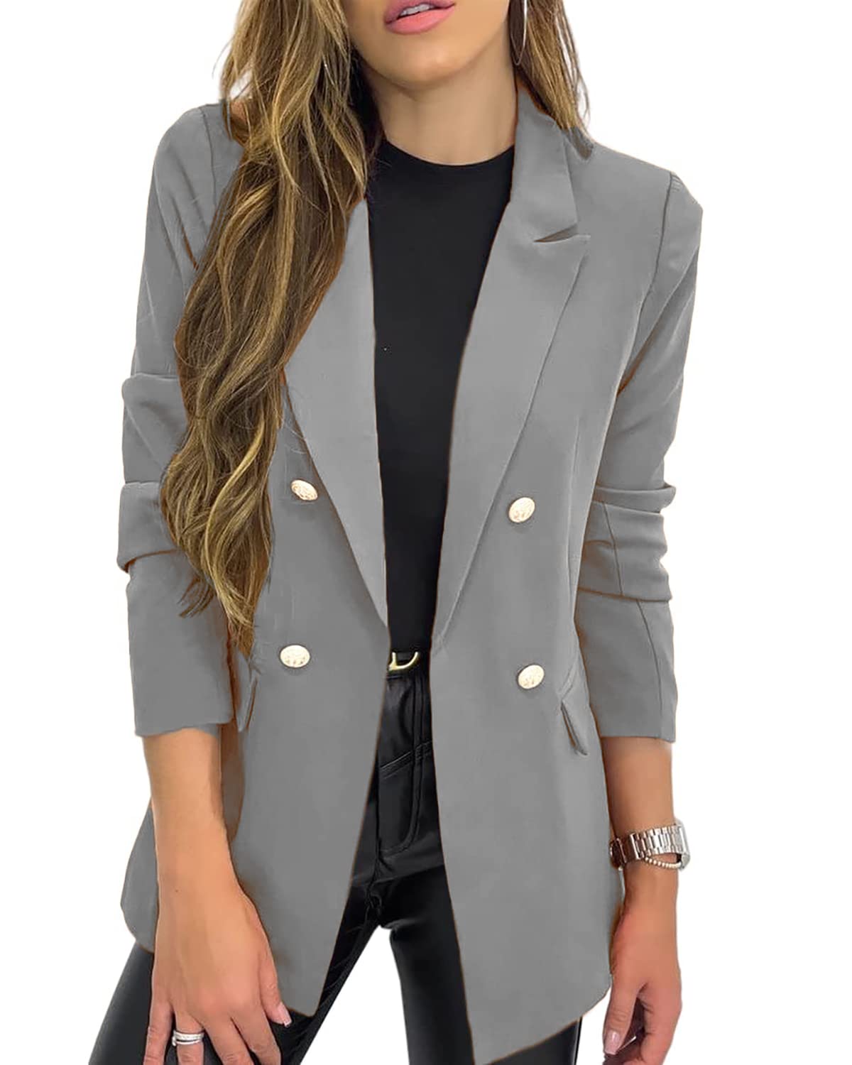 Womens Solid Color Casual Long Sleeve Lapel Button Blazer Jacket for Business Lady