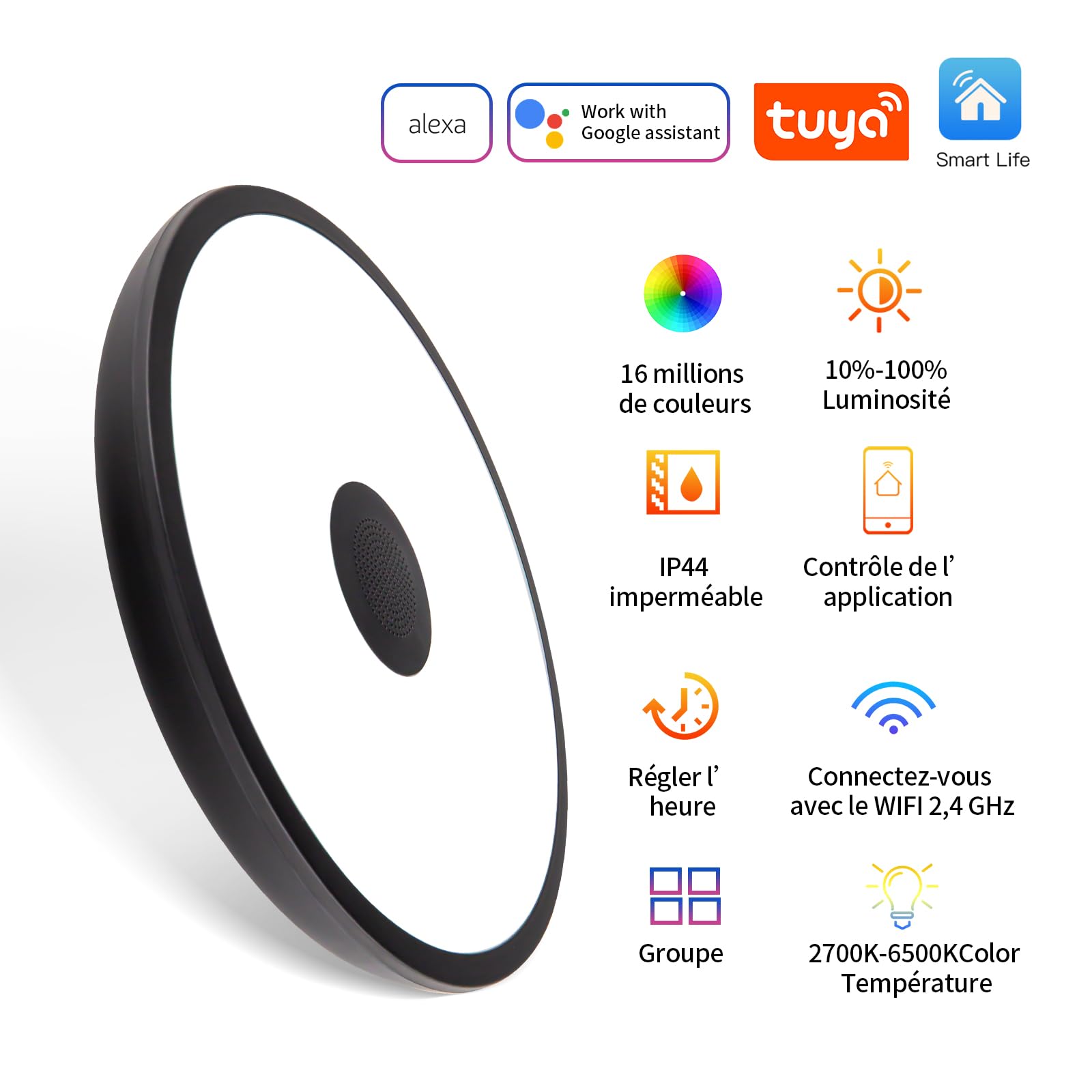 Lampada da soffitto a LED impermeabile, con altoparlante Bluetooth, funzione RGB, illuminazione regolabile, controllo tramite l'app Tuya, compatibile con Alexa e Google Home