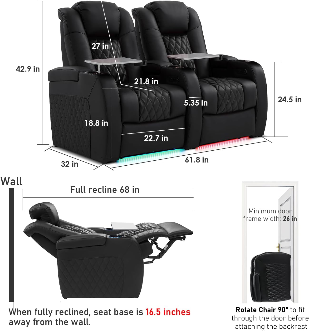 PBRO Home Theater Seating Genuine Leather Recliner Chair, Power Reclining & Headrest, USB A/C Charging Ports, Tray Table, Cup Holder Ambient Lighting Black Row of 2