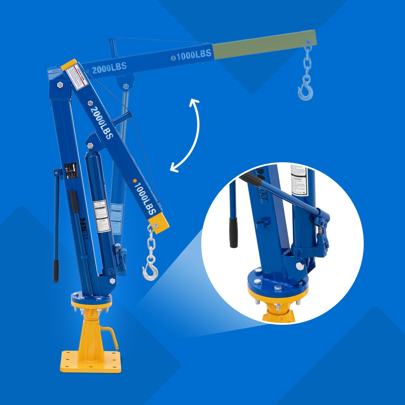 MSW Grue d'atelier hydraulique jusqu'à 900 kg, bras réglable 83-121,5 cm, anneau rotatif 360°, base stable pré-percée, chèvre de levage, pour chargement camionnette ou pick up