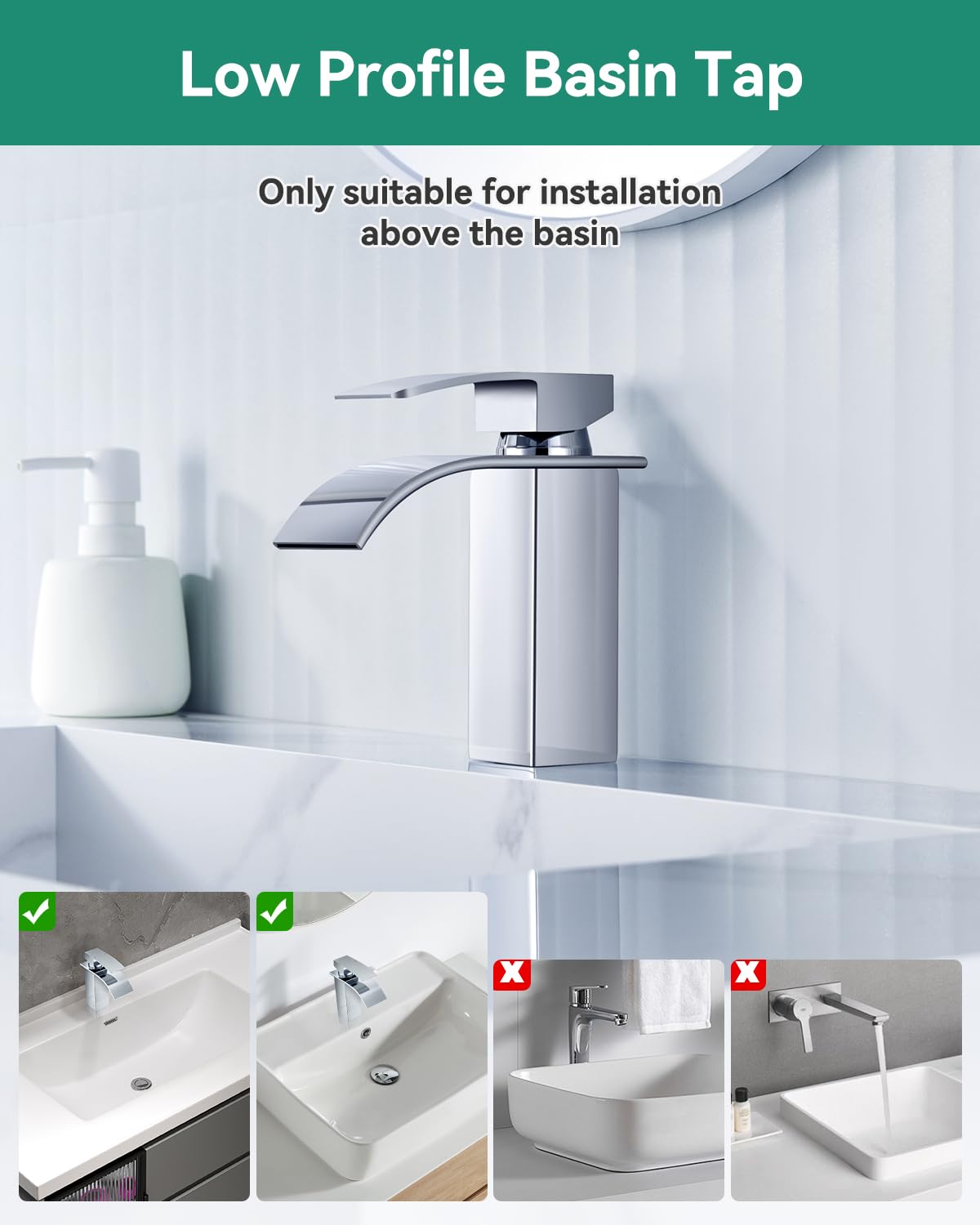 ANYCEE Rubinetto Bagno Lavabo a Cascata, Miscelatore Lavabo Bagno con Altezza Bocca 8,5cm, Miscelatore Lavabo a Cascata con Acqua Calda e Fredda