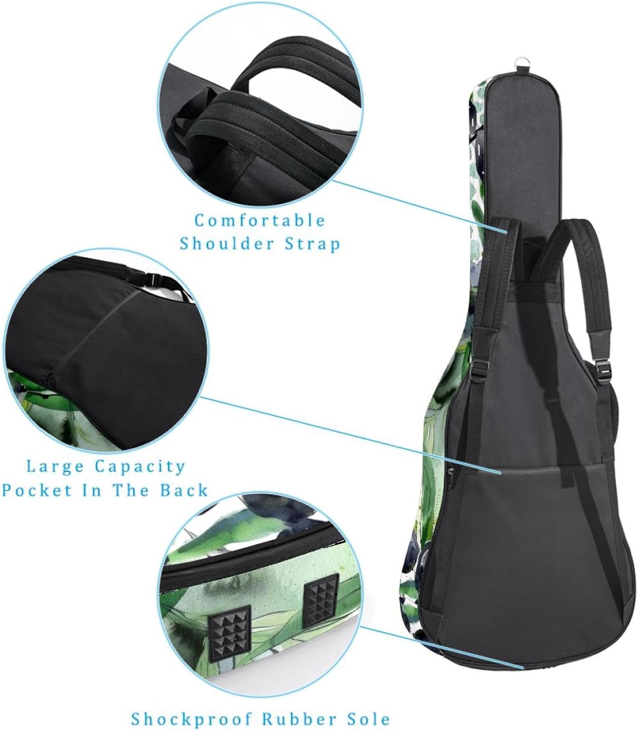 Acoustic Guitar Gig Bag 1 cm Thick Padding, Waterproof Electric Guitar Bag 40-42 Inch Guitar Case Backpack with Dual Shoulder Strap, Watercolor Green Branch with Black Fruit