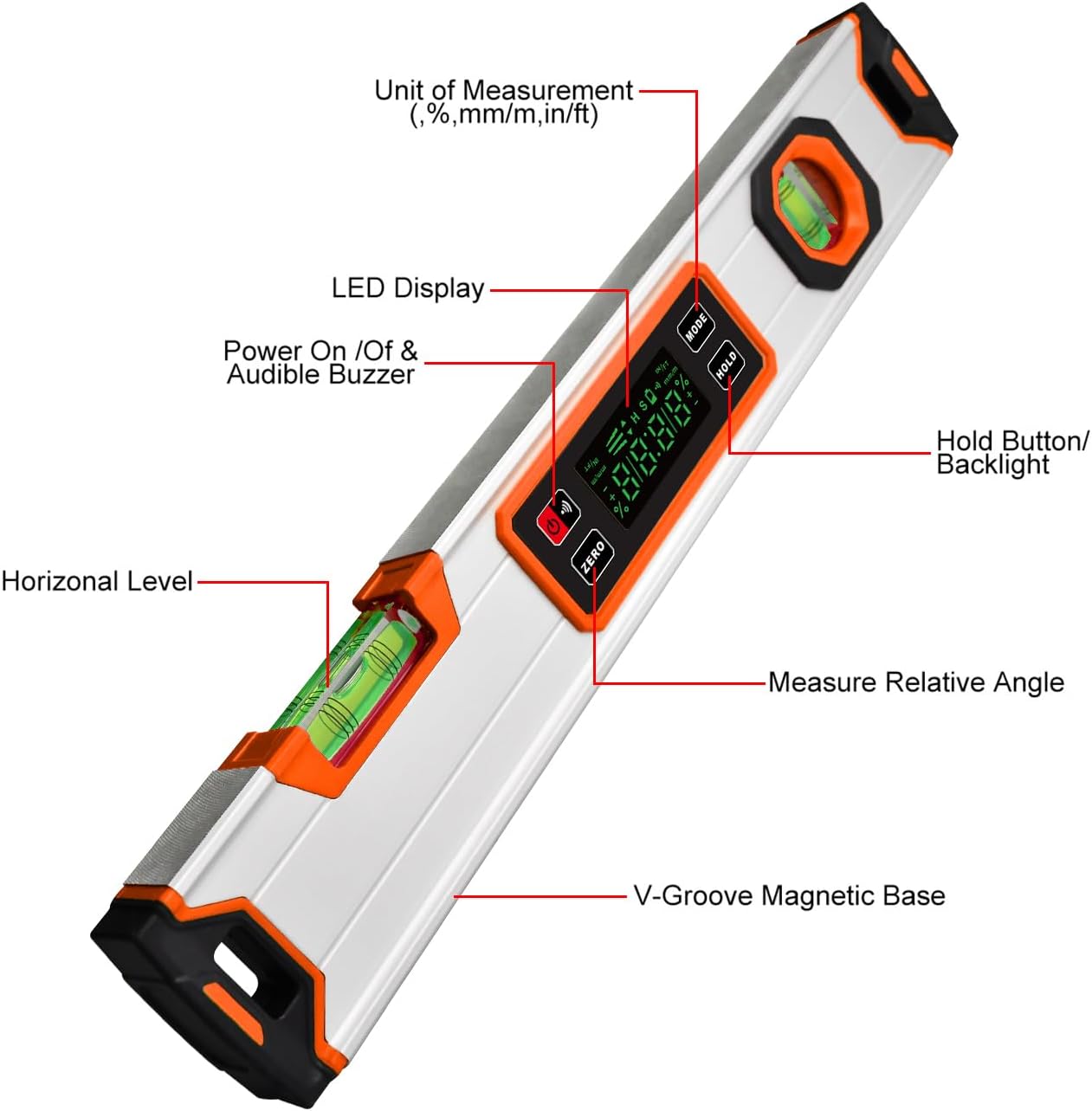15.7-Inch Digital Torpedo Level & Angle Finder – IP54 Waterproof Inclinometer with Backlit LCD, V-Groove Magnetic Base, 0.1° Accuracy – for Construction, Woodworking, Metalworking（Orange)