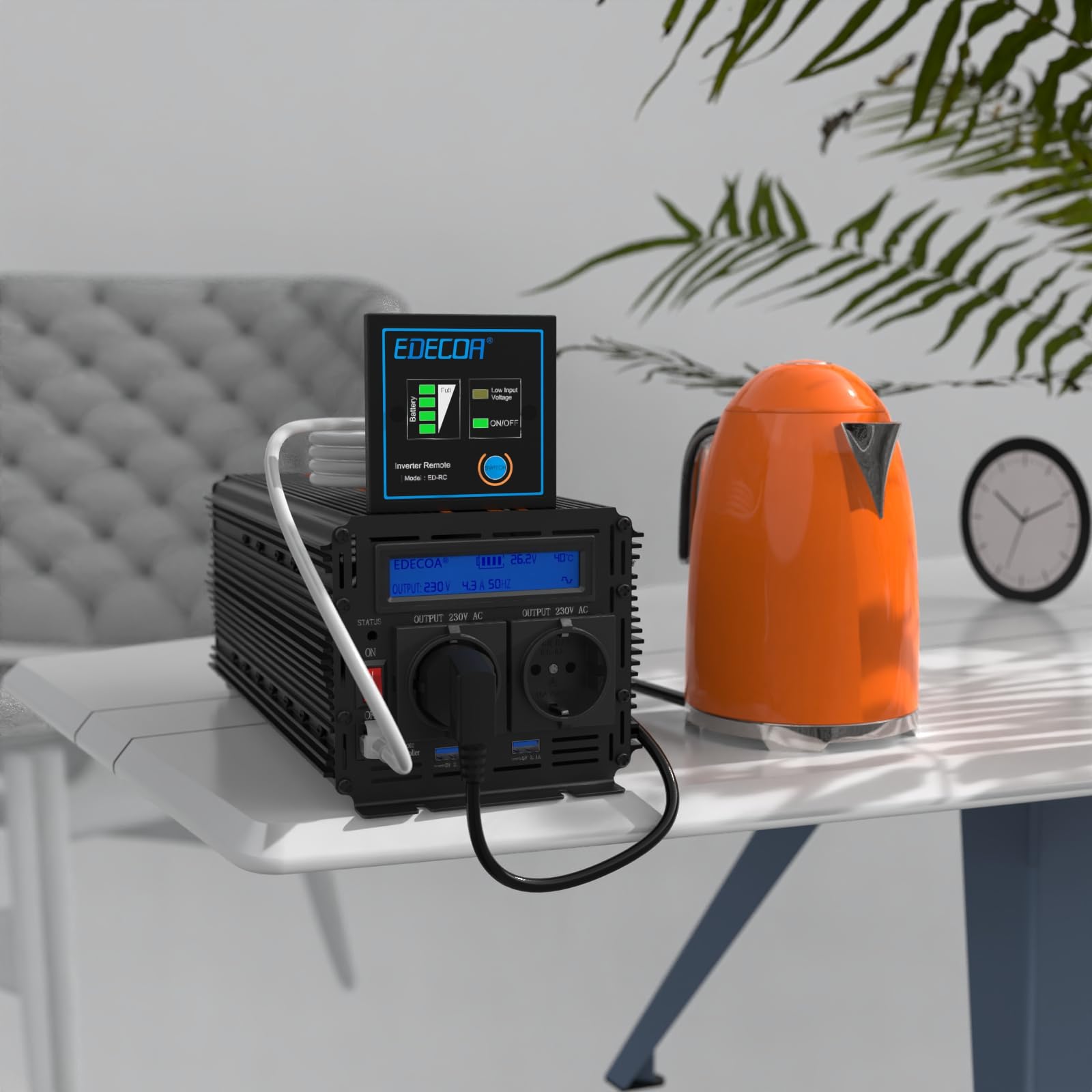 EDECOA 3000 W / 6000 W, inverter sinusoidale modificato 24 V/230 V, potenza nominale 3000 watt da 24 V CC a 230 V AC inverter solare con telecomando, interfacce USB e tipo C disponibili