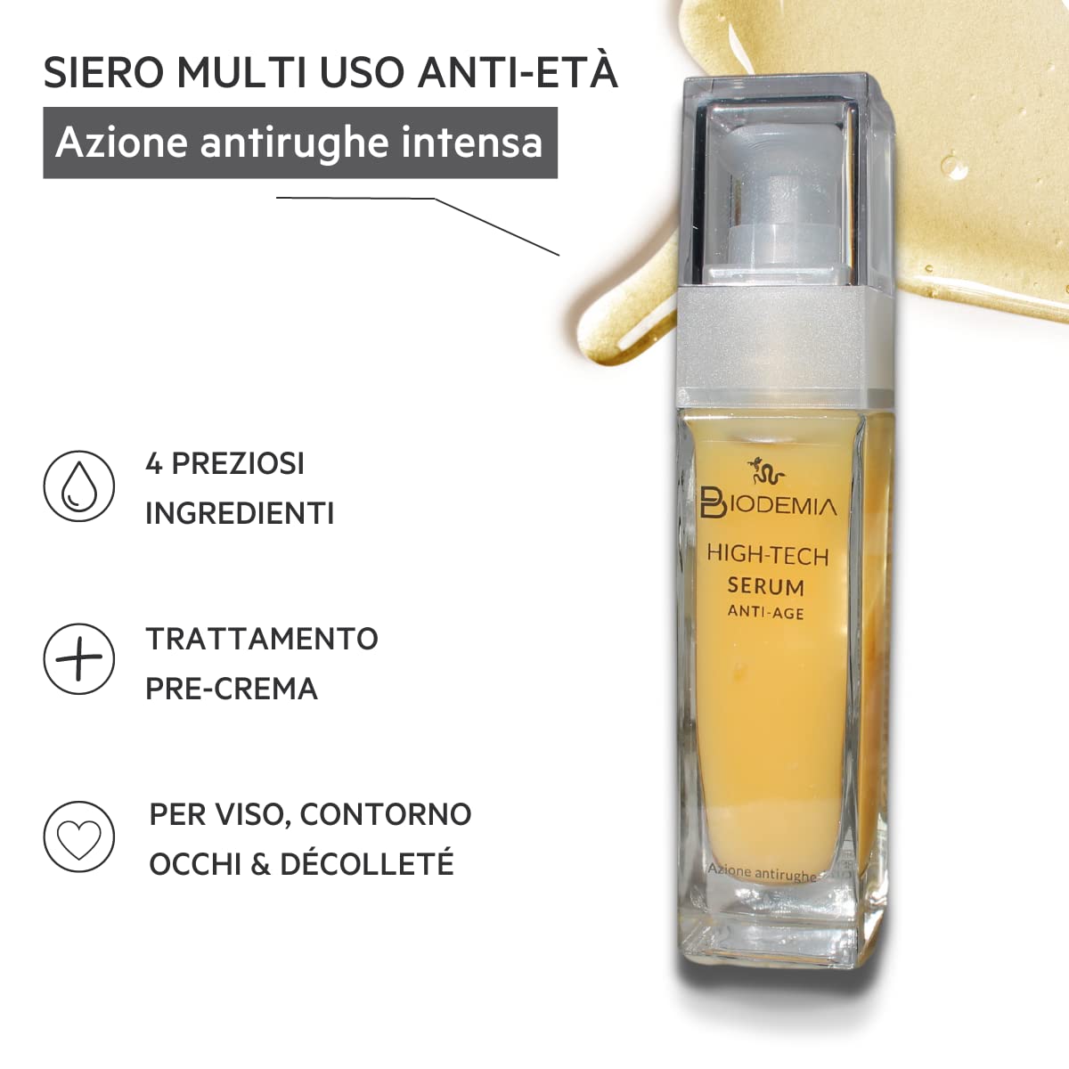 BIODEMIA | Siero Viso Anti-Age Contorno Occhi, Collo E Décolleté, 30 ml | Con Veleno D'Api, Syn-Ake® e Acido Ialuronico A Rapido Assorbimento, dona tonicità