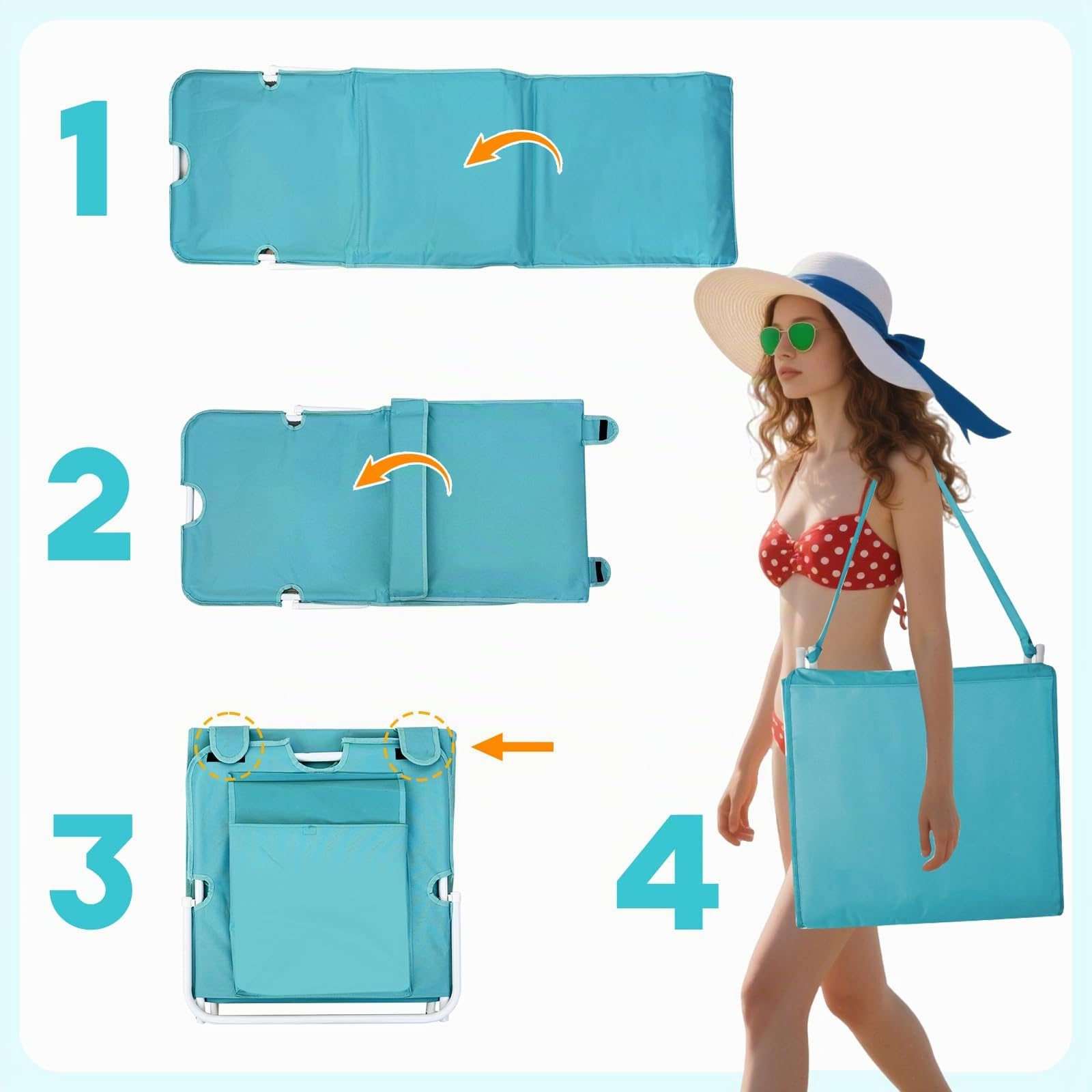 Lot de 2 Tapis de Plage, Bain de Soleil, Chaise Longue, Transat de Plage, avec Appui-tête - Bandoulières - Dossier Réglable 5 Positions, pour Camping, Jardin, Piscine, 160 x 52 cm, Bleu Lac