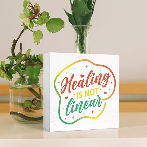Miniatura 4 de Letrero inspirador de madera con texto en inglés "Healing is not Lineal" (La sanación no es lineal) de madera para decoración de escritorio de salud