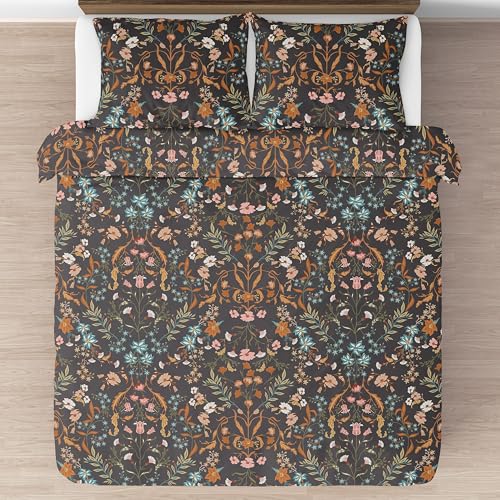 Image of Sweet Jojo Designs Boho Wildflower Vintage Floral Girl Queen Comforter Set Full Size Bedding Teen Adult Bed Room 3p Black Orange Bohemian Farmhouse Flower Leaves Paisley Botanical Cottagecore Rustic