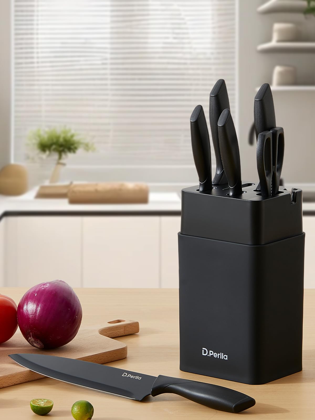 D.Perlla Juego de Cuchillos de Cocina 7 Piezas, Acero Inoxidable, Bloque con Afilador Integrado