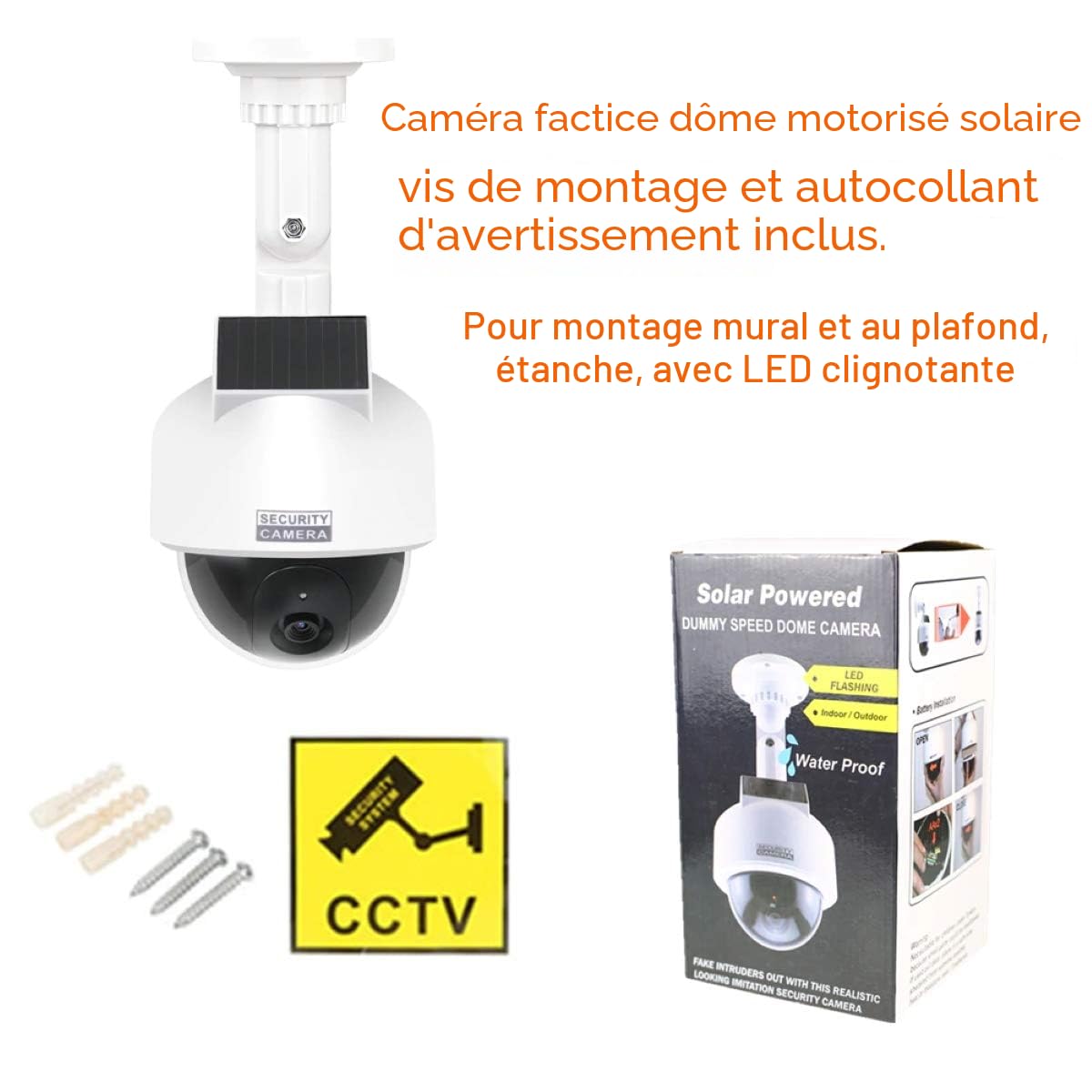 O&W Security Caméra de Surveillance Solaire Professionnelle Speed Dome Dummy Fake factice - Caméra de Surveillance d'extérieur - avec Objectif et lumière LED Rouge - Surveillance des Marchandises