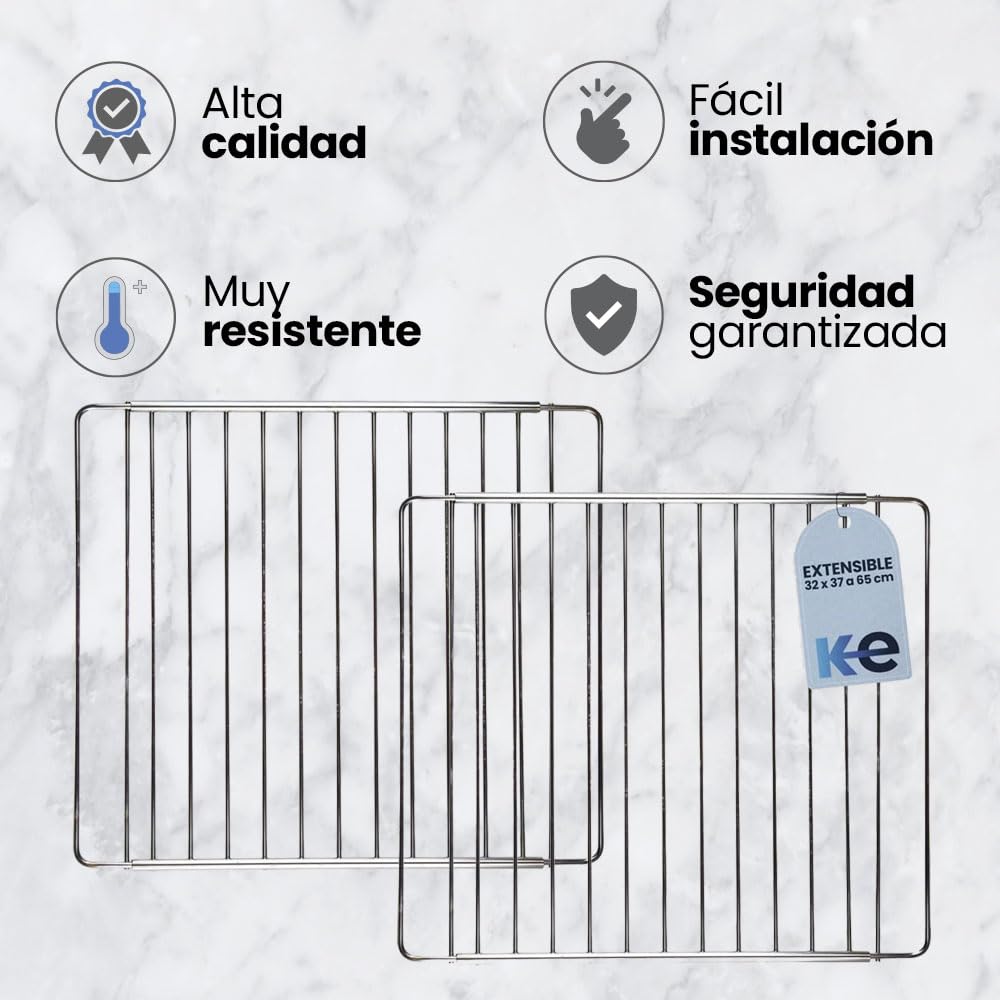 Anakel Home Set de 2 Rejillas de Horno Acero Inoxidable Extensible, Bandeja de Horno Universal | 32 x 37 cm hasta 65 cm, Tornillos Incluidos