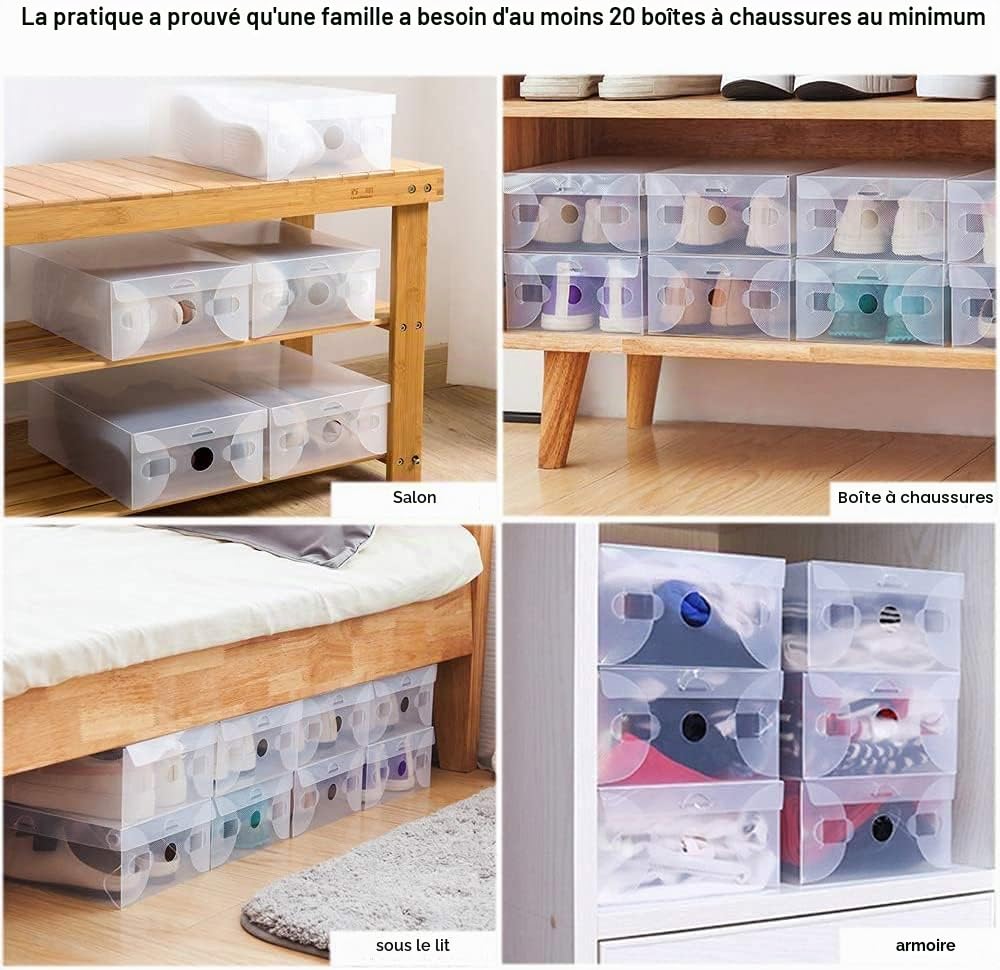 BUZIFU 20 Boîtes à Chaussures Transparente, Boîte de Rangement à Chaussures en Plastique Pliable et Empilable, Etagère à Chaussures Modulable pour Hommes et Femmes (28 * 18.6 * 9.5cm)