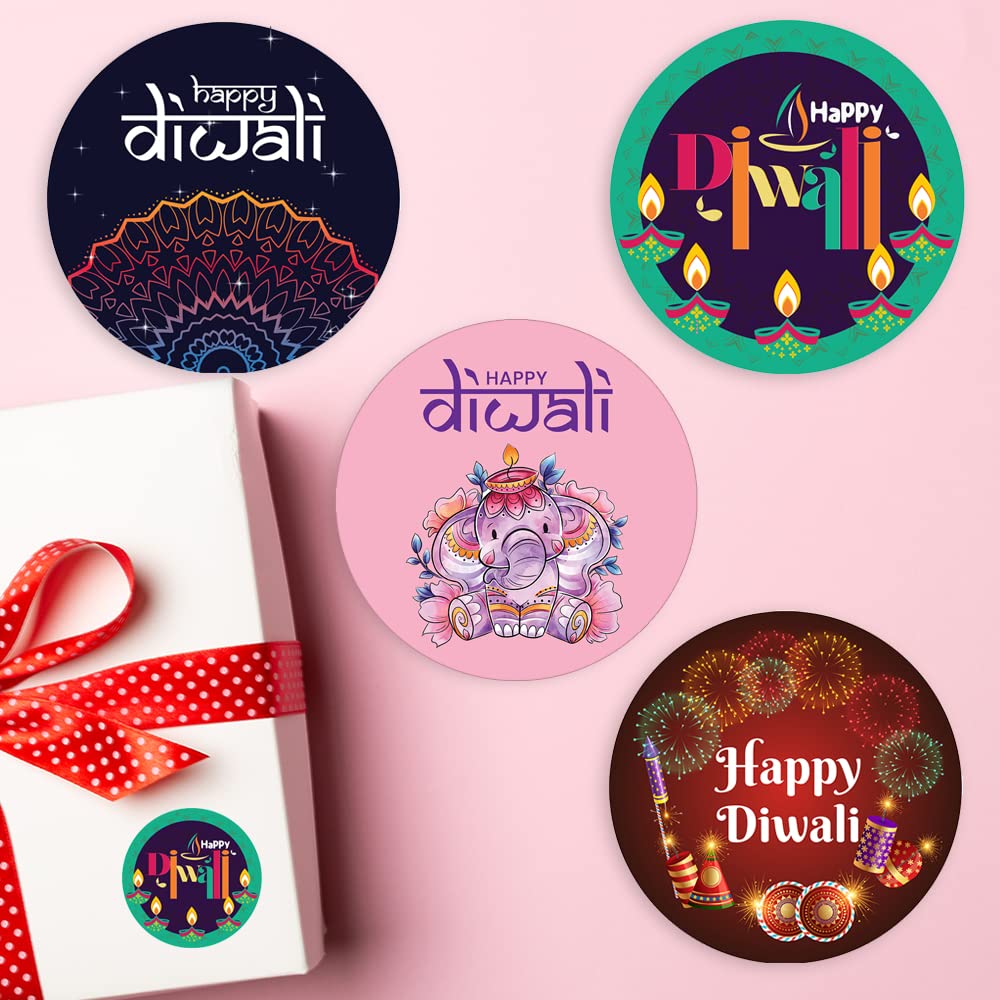 Pack of 48 Diwali Stickers for Party Bags, Diwali Round Labels (45mm) for Goodie Bags, Candle Gifts Papa Prints®