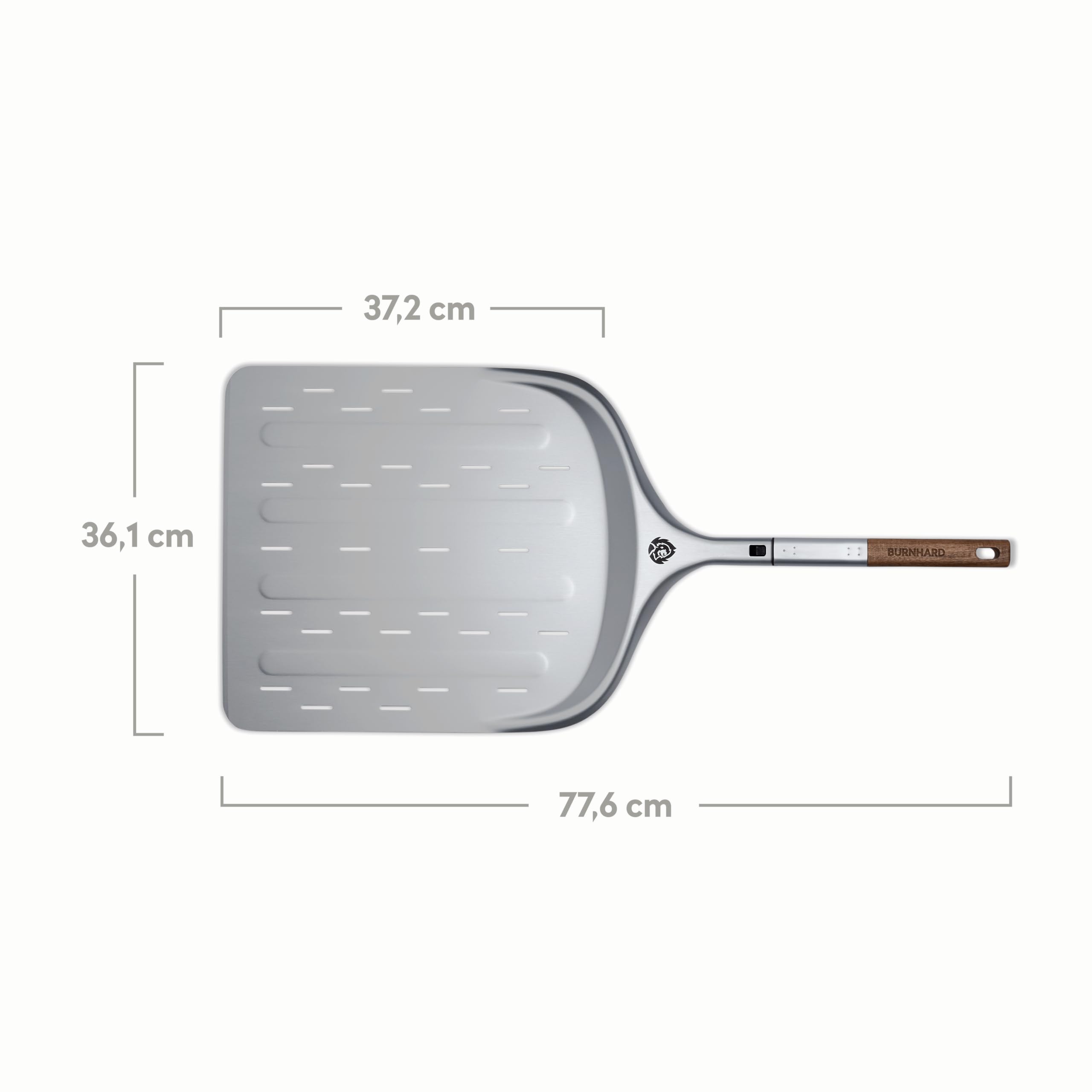 Pelle à pizza BURNHARD® perforée, aluminium anodisé, manche en bois d'acacia, connexion enfichable, 29 cm & 36 cm, compatible avec fours à pizza TONY & Fat TONY – Pelle Deluxe