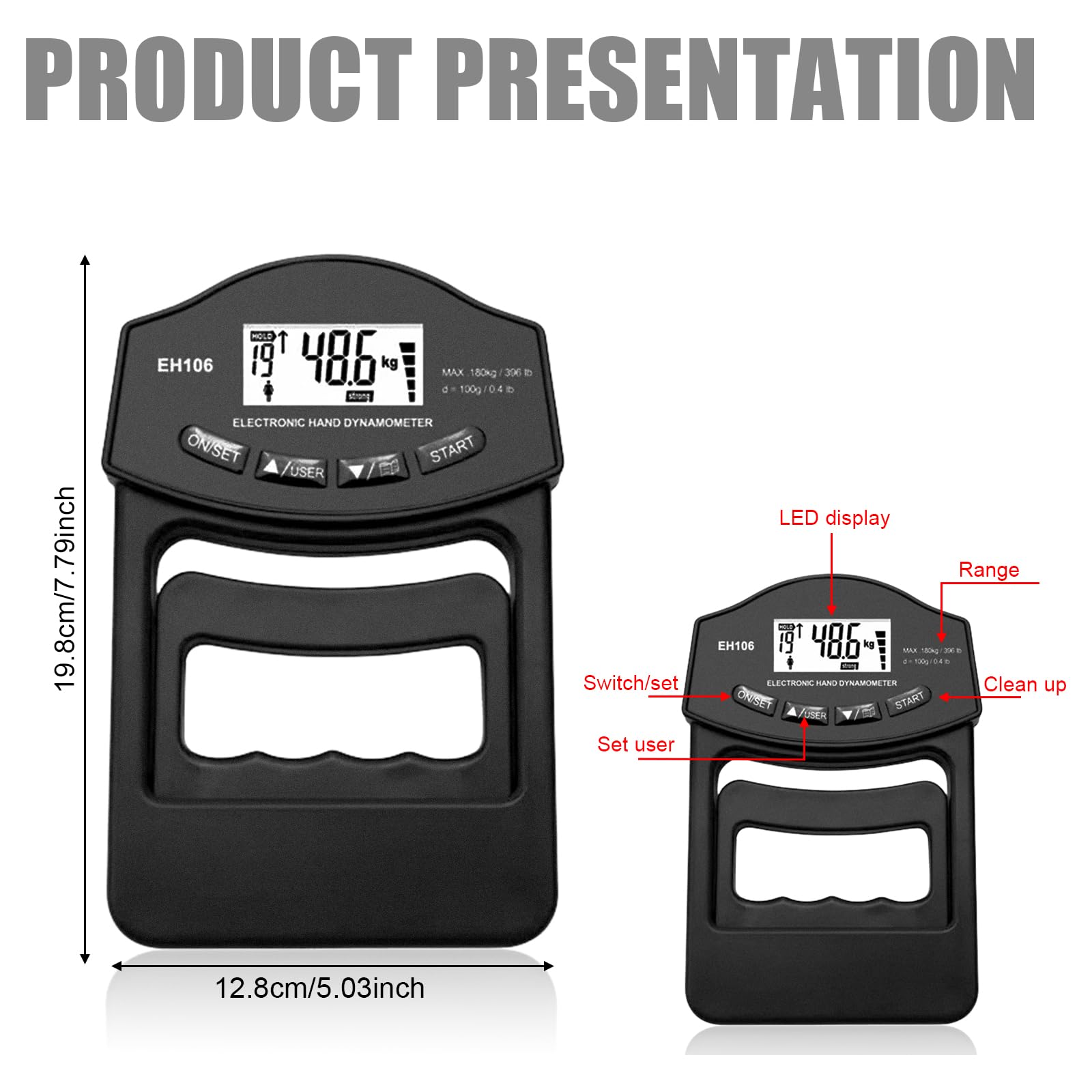 Medidor de fuerza digital manual, 396 lb/180 kg, color negro, dinamómetro de mano con cable de carga USB, gran pantalla LED