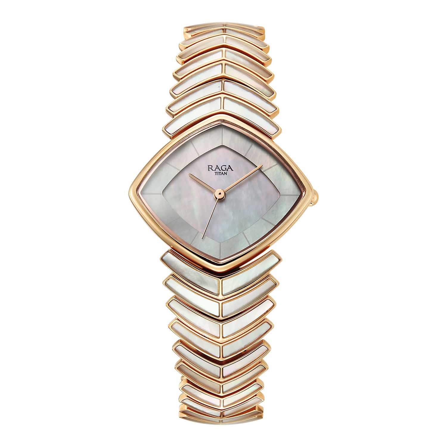 Titan Raga Chic Glam with Quartz Analog Natural White M.O.P + MOP Minute Ring Dial Rose Gold Strap Watch for Women - 95393WM03-image-2