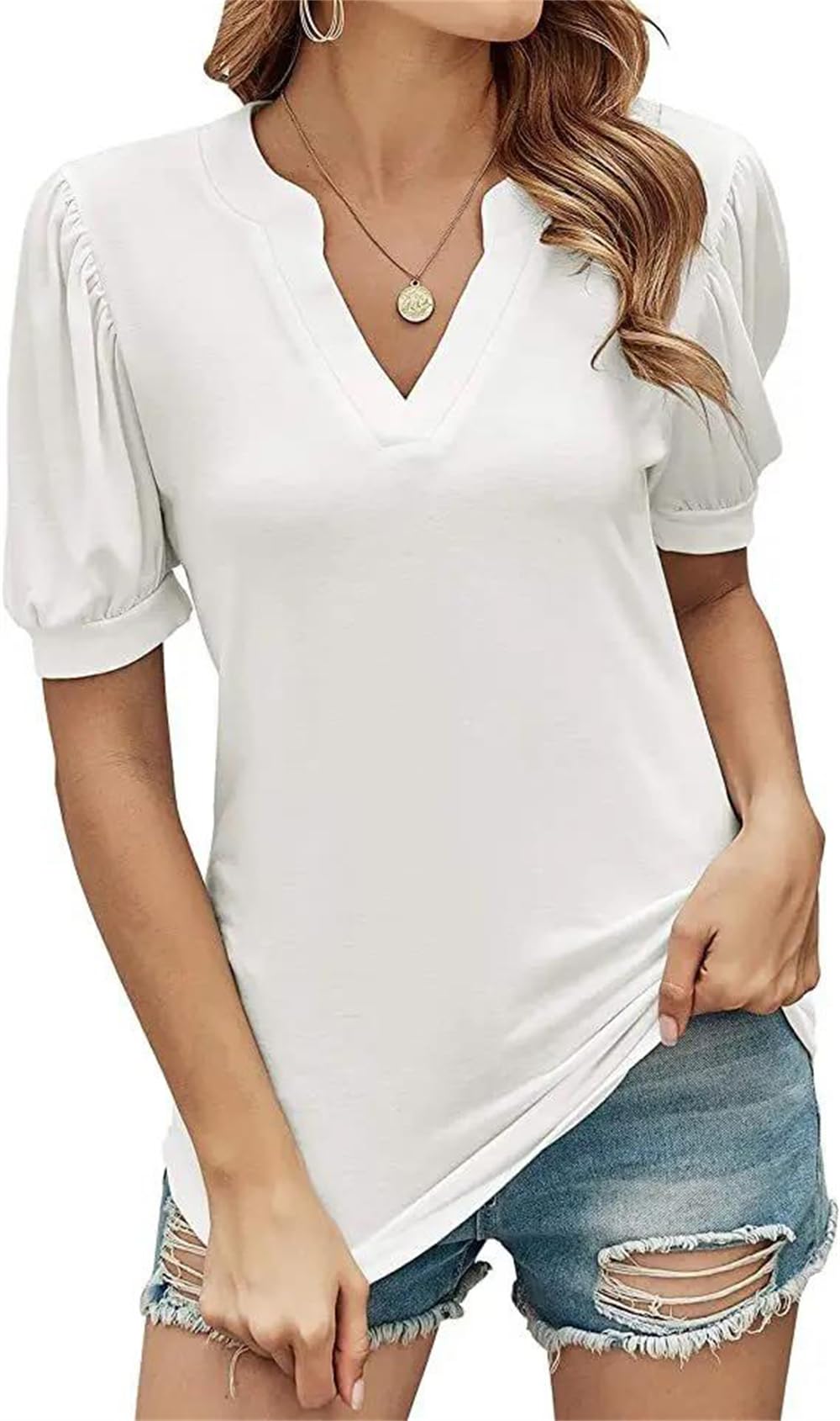 Adhdyuud Damenbluse mit V-Ausschnitt, kurzärmelig, Puffärmel, strukturiert, lockere Passform, lässig, Sommer, Hemdbluse