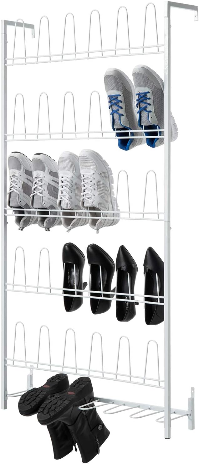 MyGift Modern Matte White Metal Hanging Shoe Rack for Walk in Closet, Mudroom and Entryway, Wall Mounted Space Saving Organizer for Shoes and Boots, Holds 18 Pairs