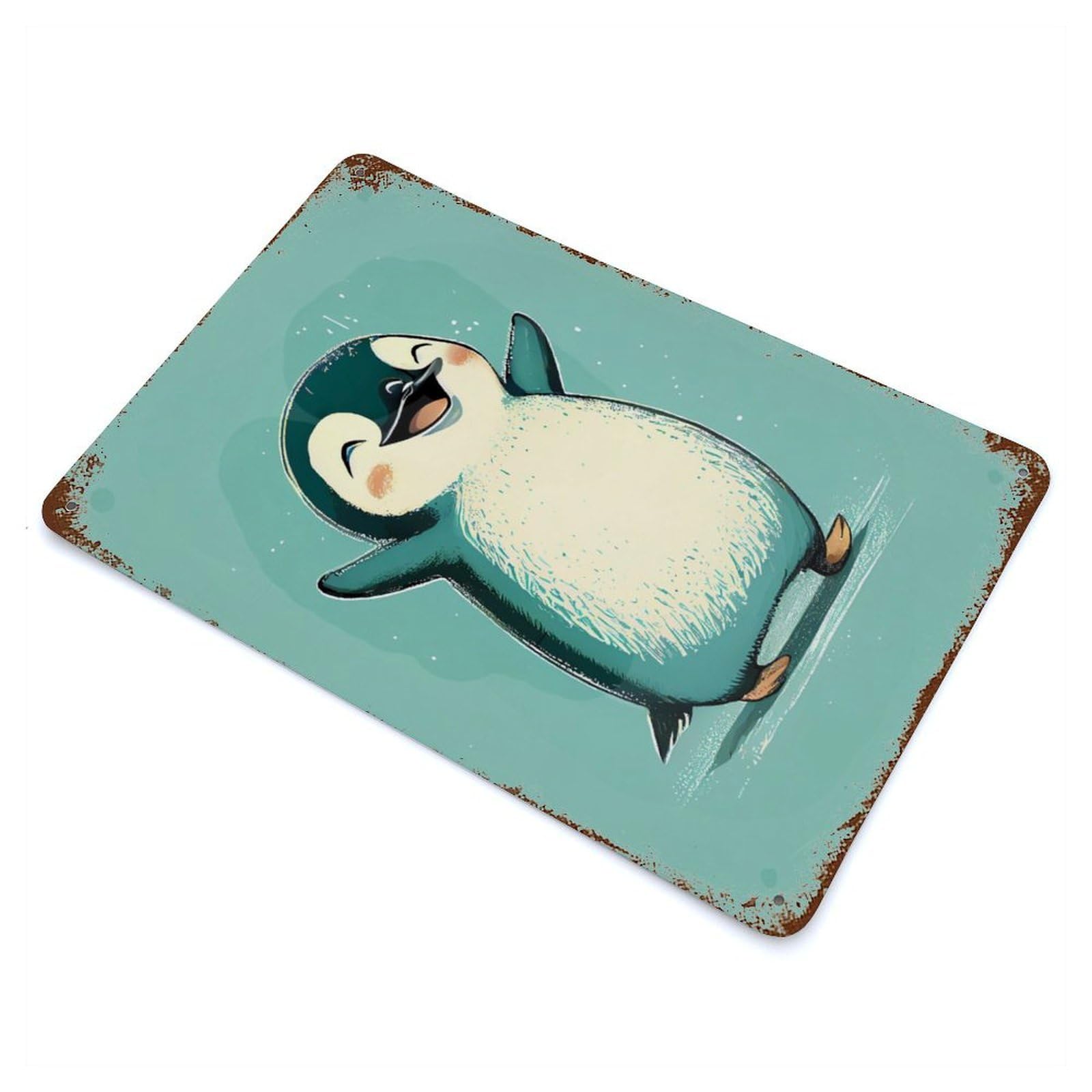 Aged Metal Wall Plaque with Penguin Happy Design 11.8"x7.9", for Basement, Hobby Room And Garage Decor, Farmhouse Wall Decor