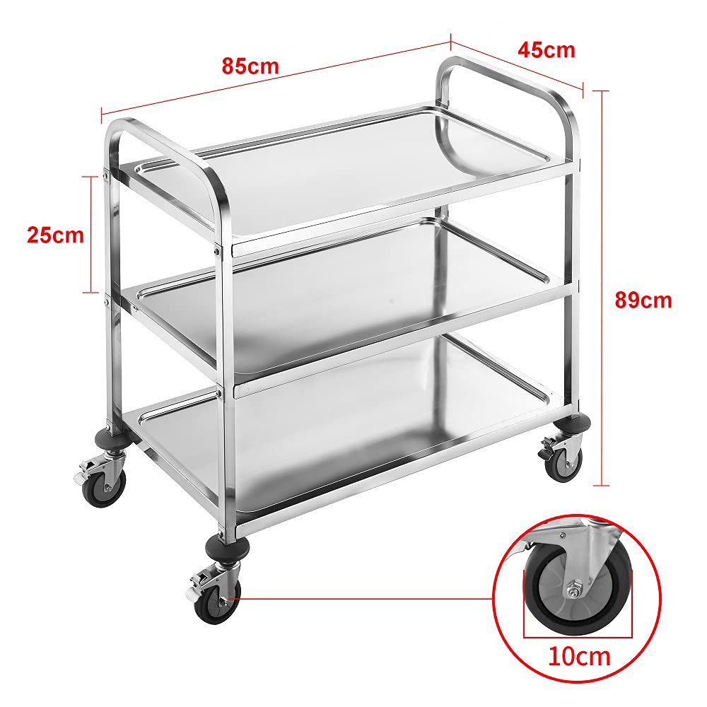 BPT Carrello portavivande in acciaio inox con 3 ripiani per partizione, ristorante, hotel, scuola, carrello di servizio (85 x 45 x 89 cm)