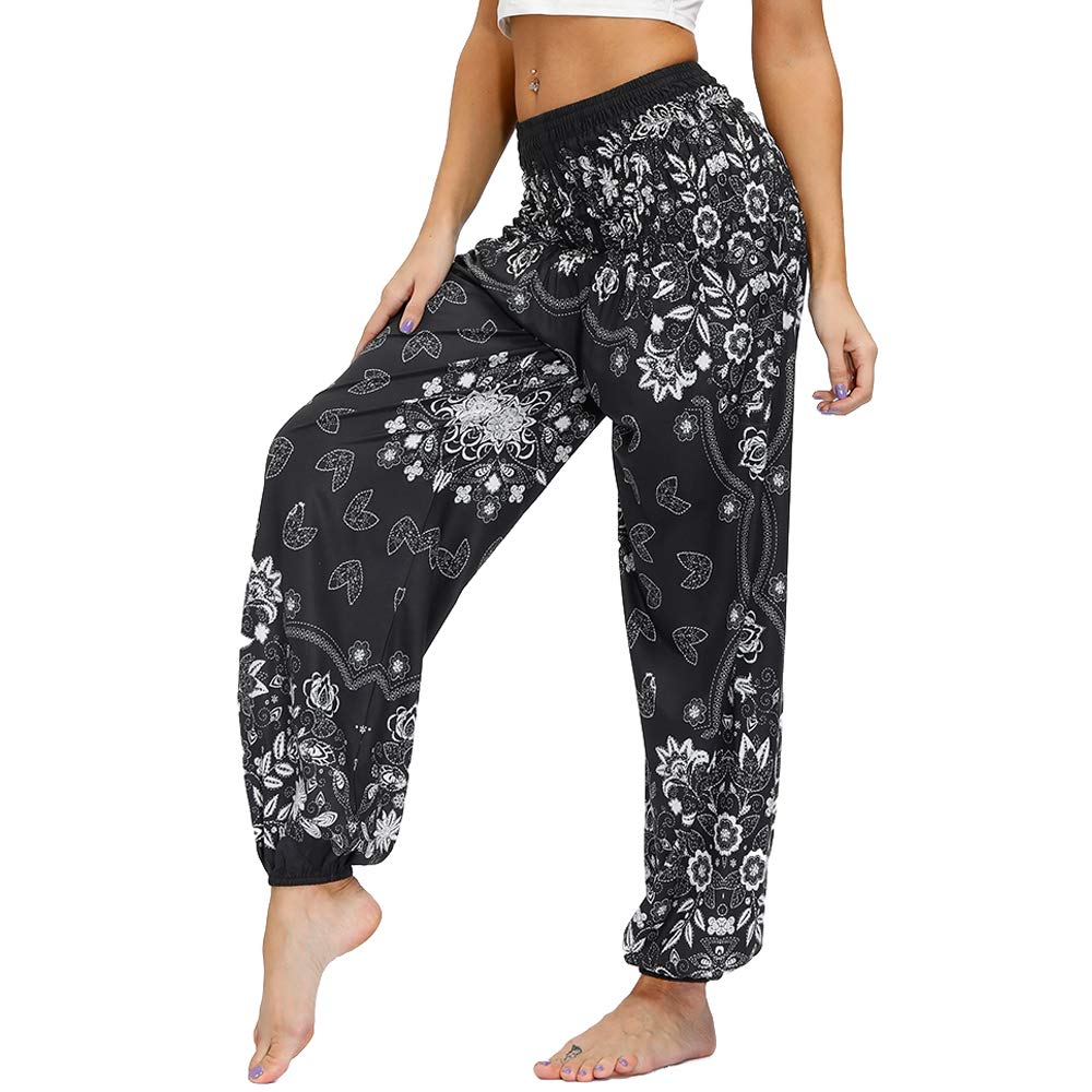 Nuofengkudu Pantaloni Harem Estivi Thai Aladin Stile Boho Vintage Stampa Vita Alta con Tasconi Yoga Pants Beach