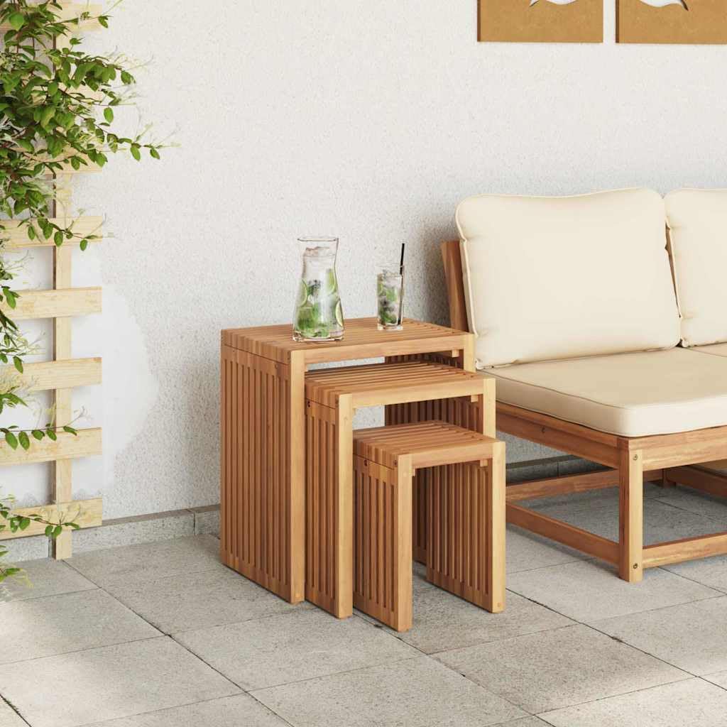 Stolik pomocniczy ogrodowy, zestaw 3 sztuk, kolor brązowy, z litego drewna tekowego, 33 x 44,5 x 51 cm, na taras, balkon, do ogrodu, na patio, kemping, piknik, jedzenie i grillowanie