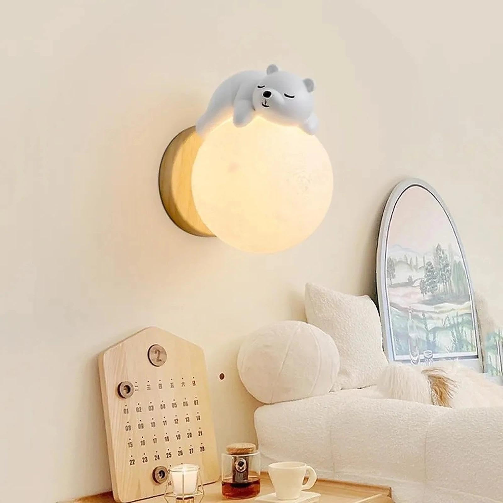 Generico Lampada luna applique da parete LED moderna creativa per cameretta bambini e camera da letto, luce da parete interno con design nordico dimmerabile (Bear)