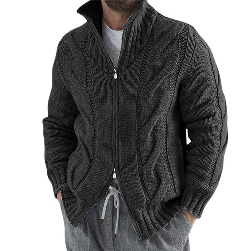 Men's Cable Knit Cardigan Sweater with Button Closure and Pockets for Autumn and Winter | Dark Gray | 2XL-image-22