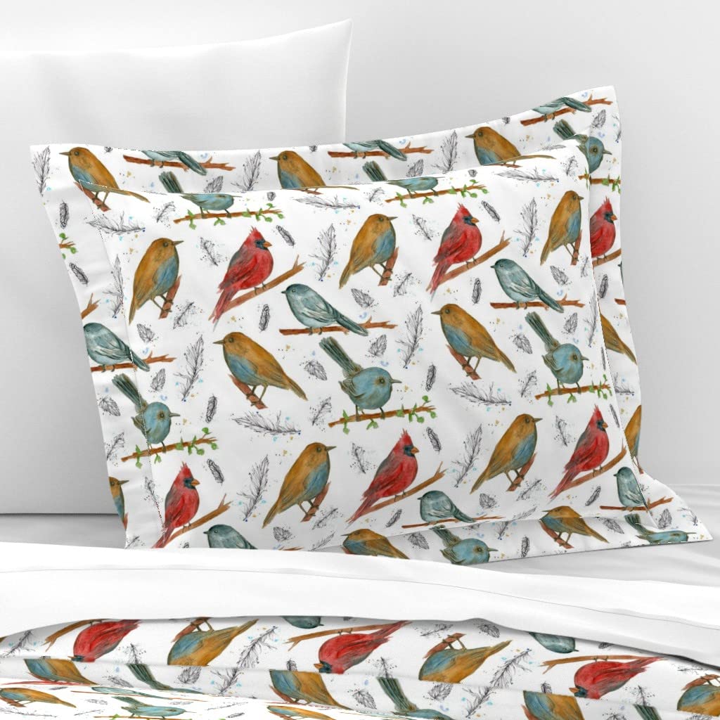 Spoonflower Cotton Sateen Flanged Edge Sham, Standard - Birds Nature Animal Feather Print Custom Bedding