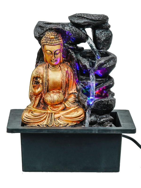 Image of Golden Brown Polyresin Tabletop Buddha 3 Step Indoor Water Fountain for Home Decor with LED, Speed Control Pump (Size: 21 x 18 x 26 CM | Weight: 870Gram)
