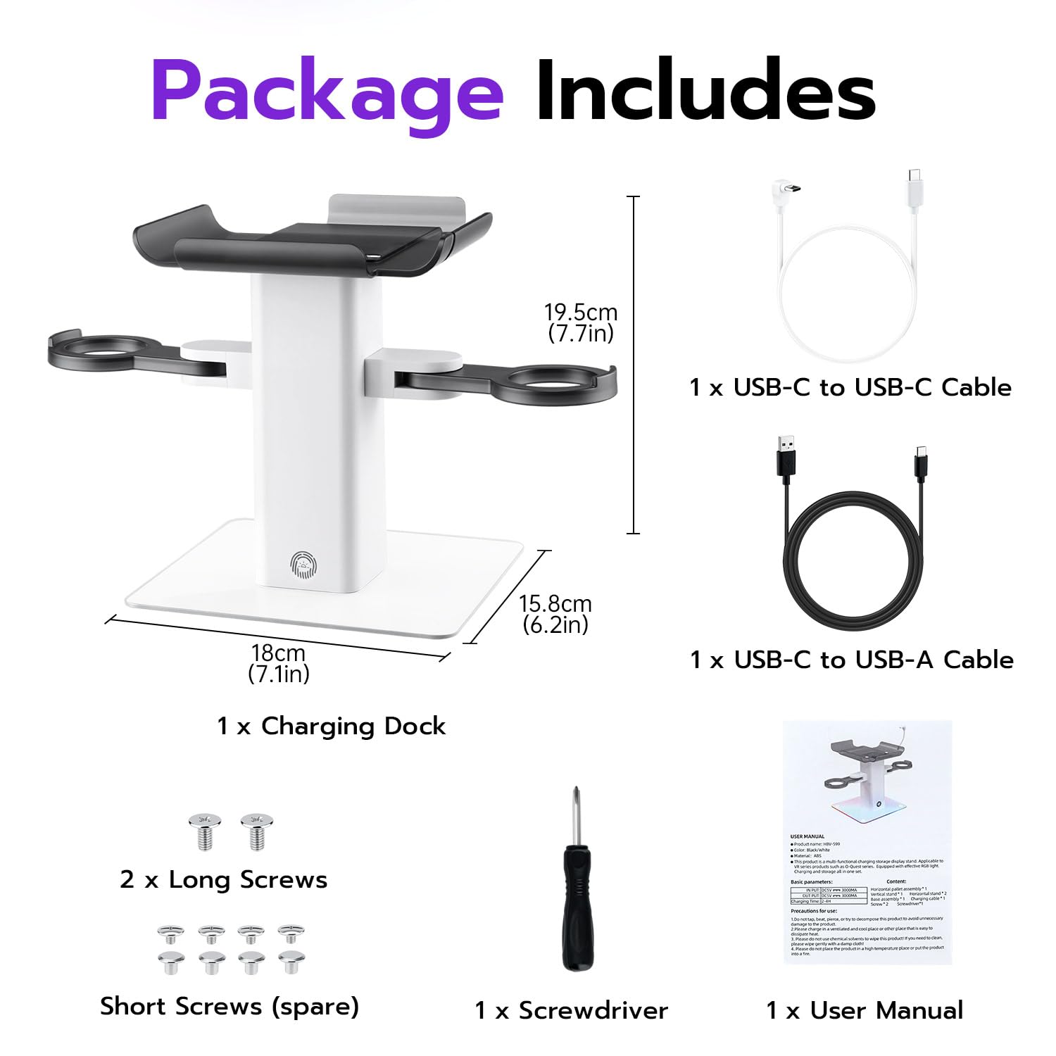 Mcbazel Ladestation für Quest 3S/Quest3/2, 15W USB-C VR-Headset-Ladestation mit RGB-Beleuchtung und Rutschfestem Vertikalständer, Minimalistische VR-Displayhalterung – Weiß