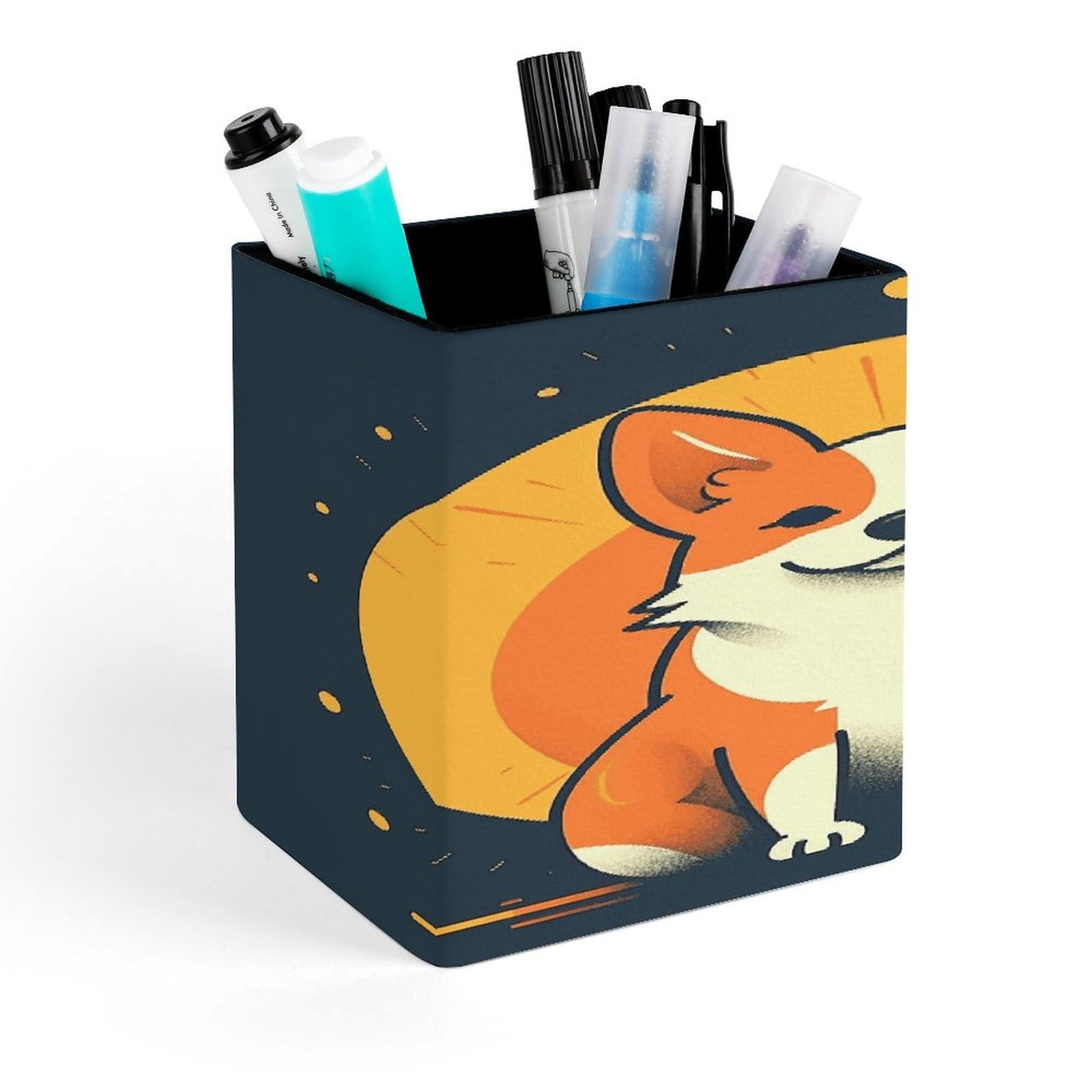 JTREHY Playful Corgi Pen Holder Square Pen Pencil Holder Makeup Brush Holders Cup PU Leather Pencil Cups Desktop Caddy Stationery Organizer Case Office Accessories Container Box