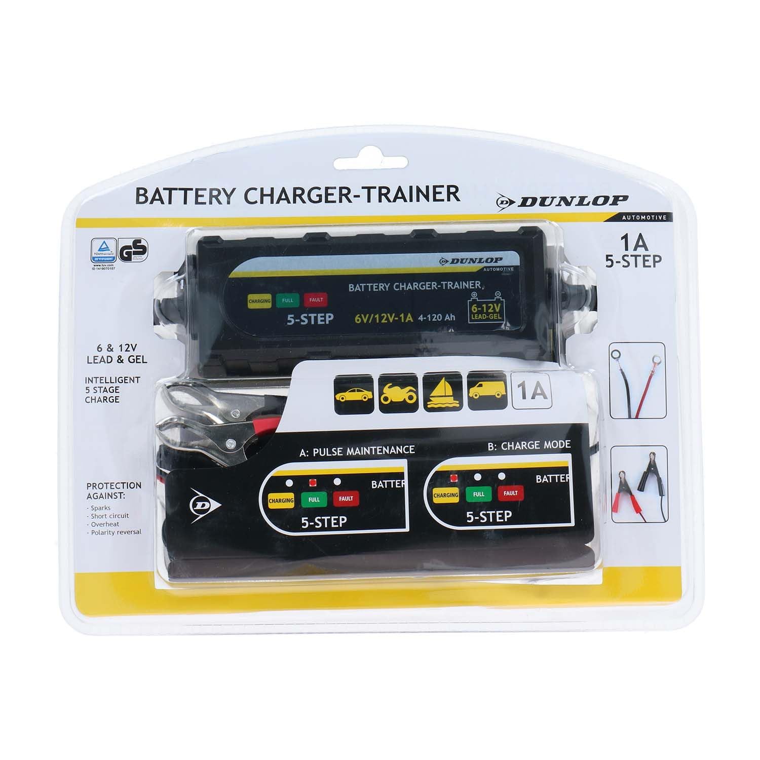 Chargeur Intelligent Dunlop 1A 12V - Chargeur Batterie Voiture & Moto, Gel & Standard, Charge Auto 5 Étapes, Sécurisé & Facile