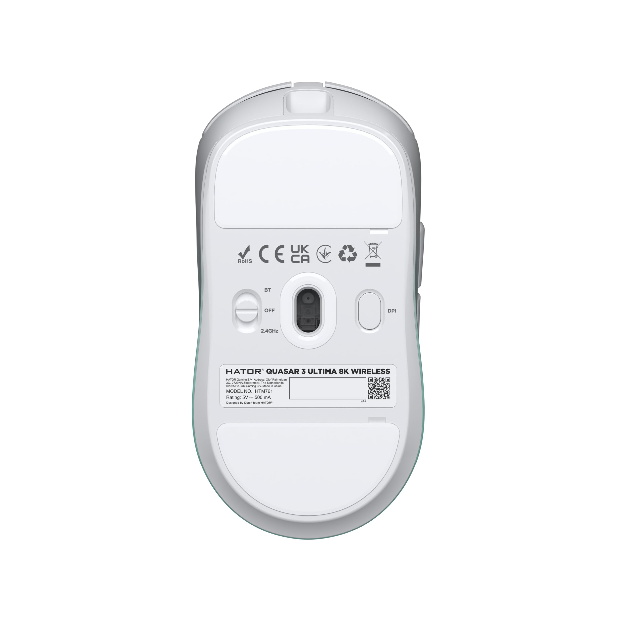 HATOR Quasar 3 Ultima - Ratón inalámbrico para gaming (52 g, sensor PIXArt PAW3950, 30.000 DPI, 8000 Hz, frecuencia de sondeo óptico, Bluetooth, 2,4 GHz y USB), color blanco menta degradado