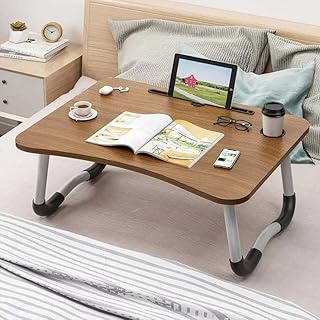 Laptop Bed Table, Astoryou Portable Lap Desk Notebook Stand Reading Holder Breakfast Tray with Foldable Legs & Cup Slot for Eating Breakfast, Reading, Watching Movie on Bed/Couch/Sofa (Golden）